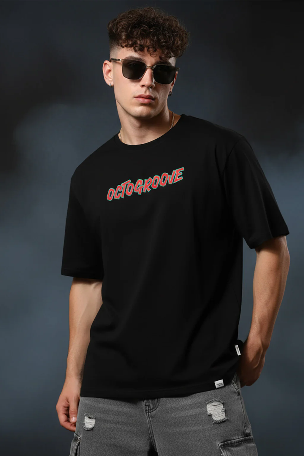 OCTOGROOVE Black Oversized Graphic Back Printed T-shirt - Image 2