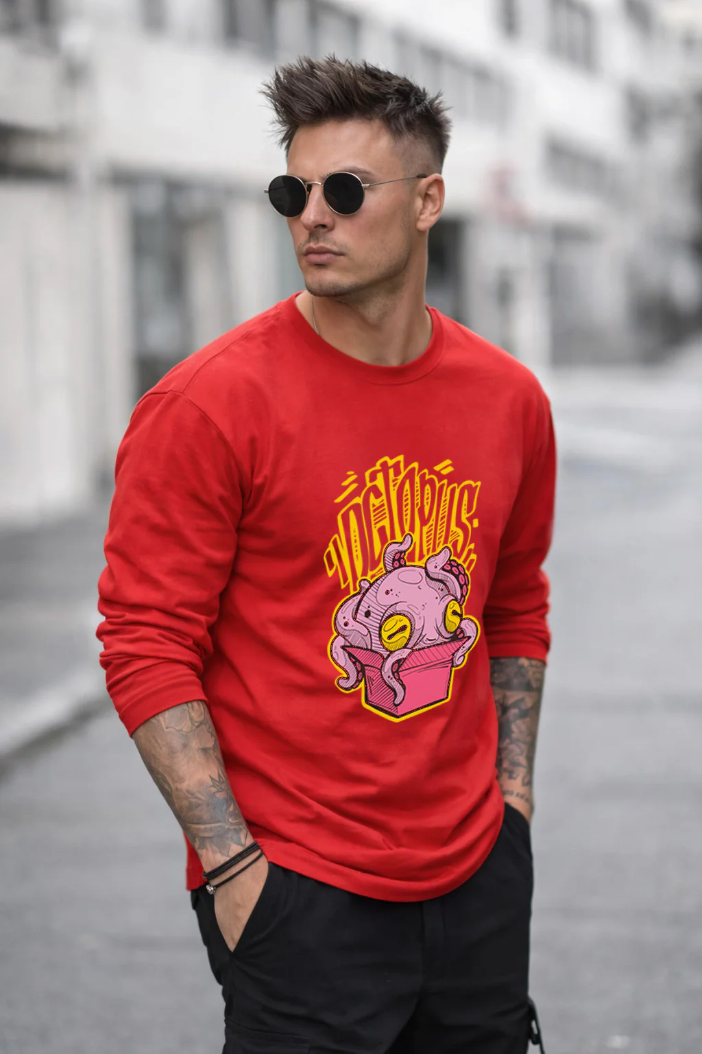 Octopus Red Full Sleeves Regular Fit Printed T-shirt - Image 3