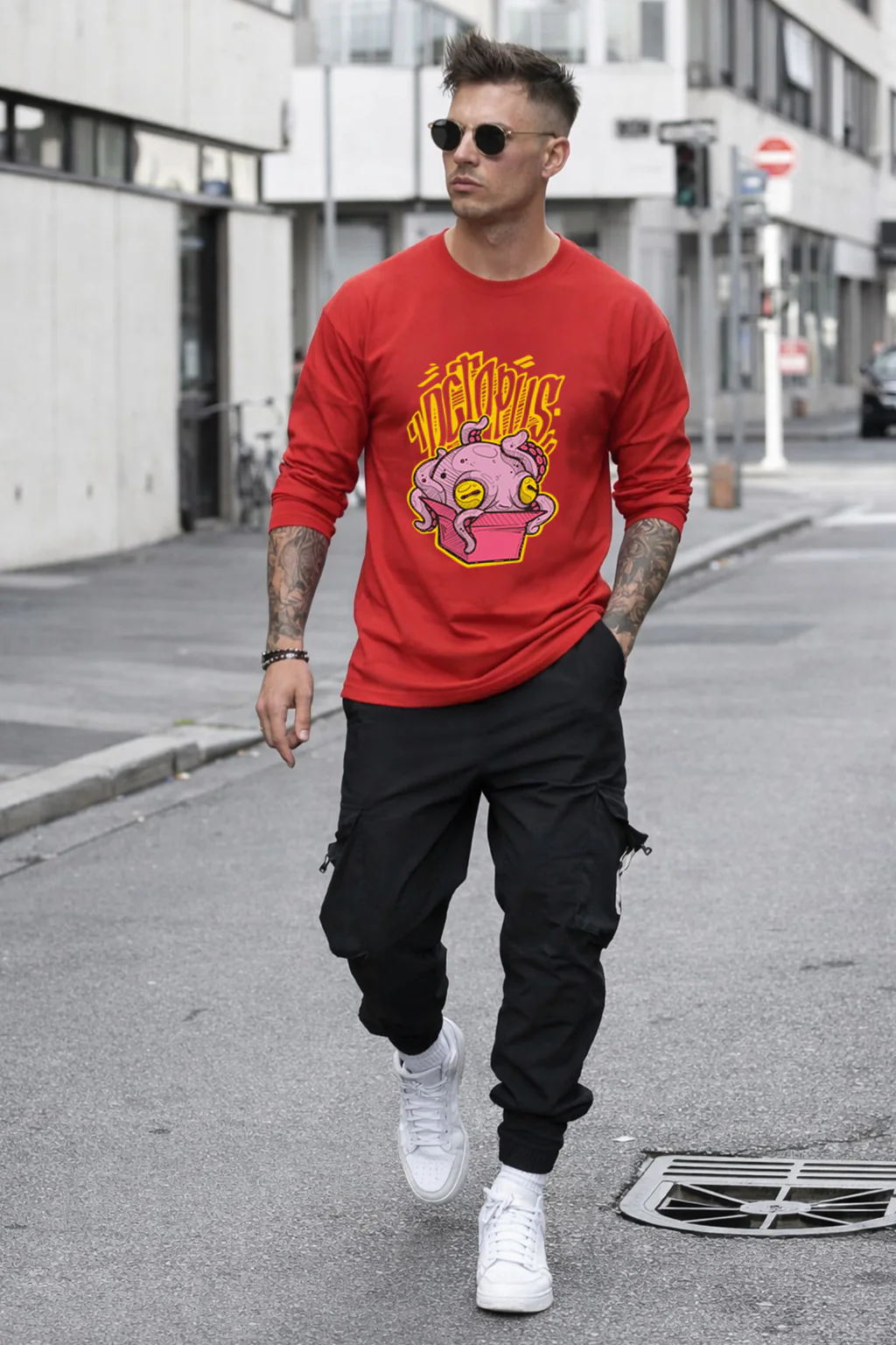 Octopus Red Full Sleeves Regular Fit Printed T-shirt - Image 5