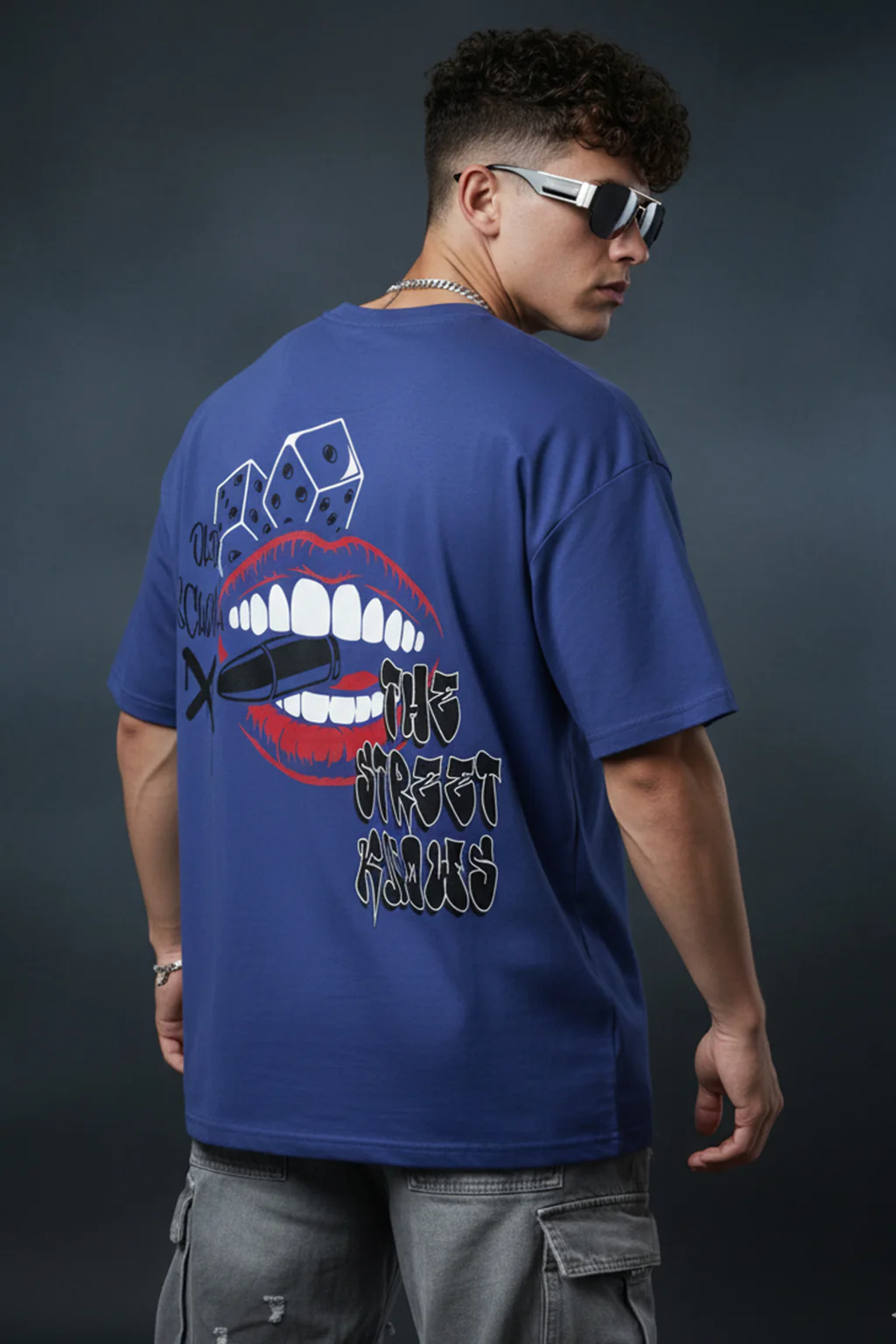OLD SCHOOL Blue Oversized Back Graphic Printed T-shirt - Image 2