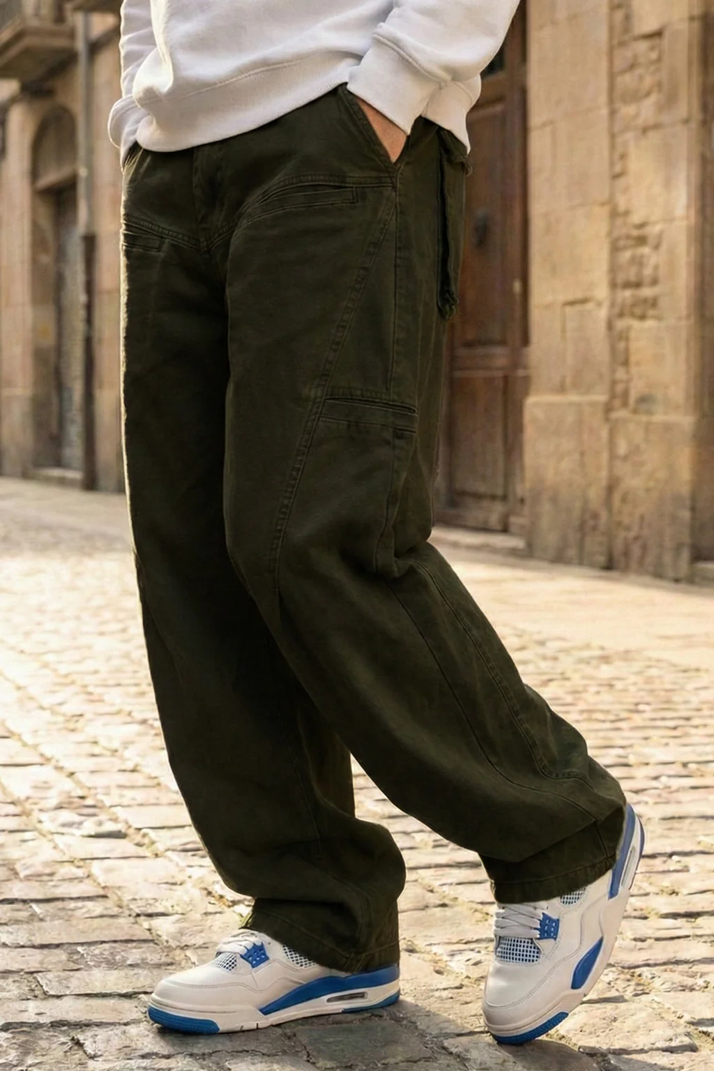 Olive 8 Pocket Woven Baggy Fit Exclusive Cargo Pant - Image 2