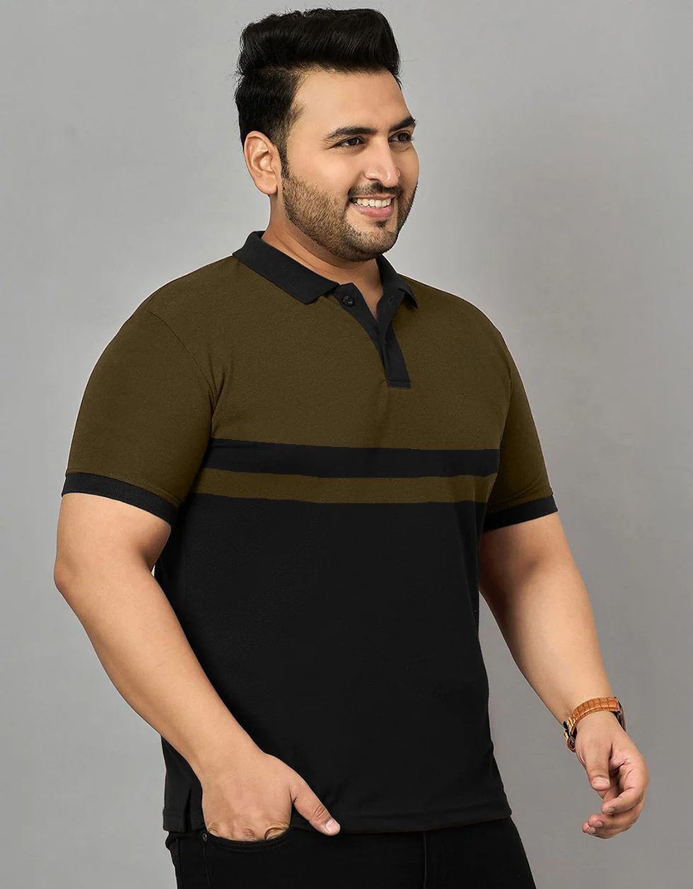 Olive And Black Striped Plus Size Polo T-shirt - Image 2