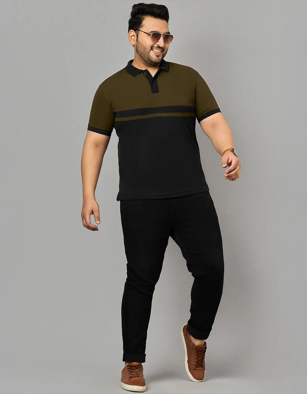 Olive And Black Striped Plus Size Polo T-shirt - Image 5