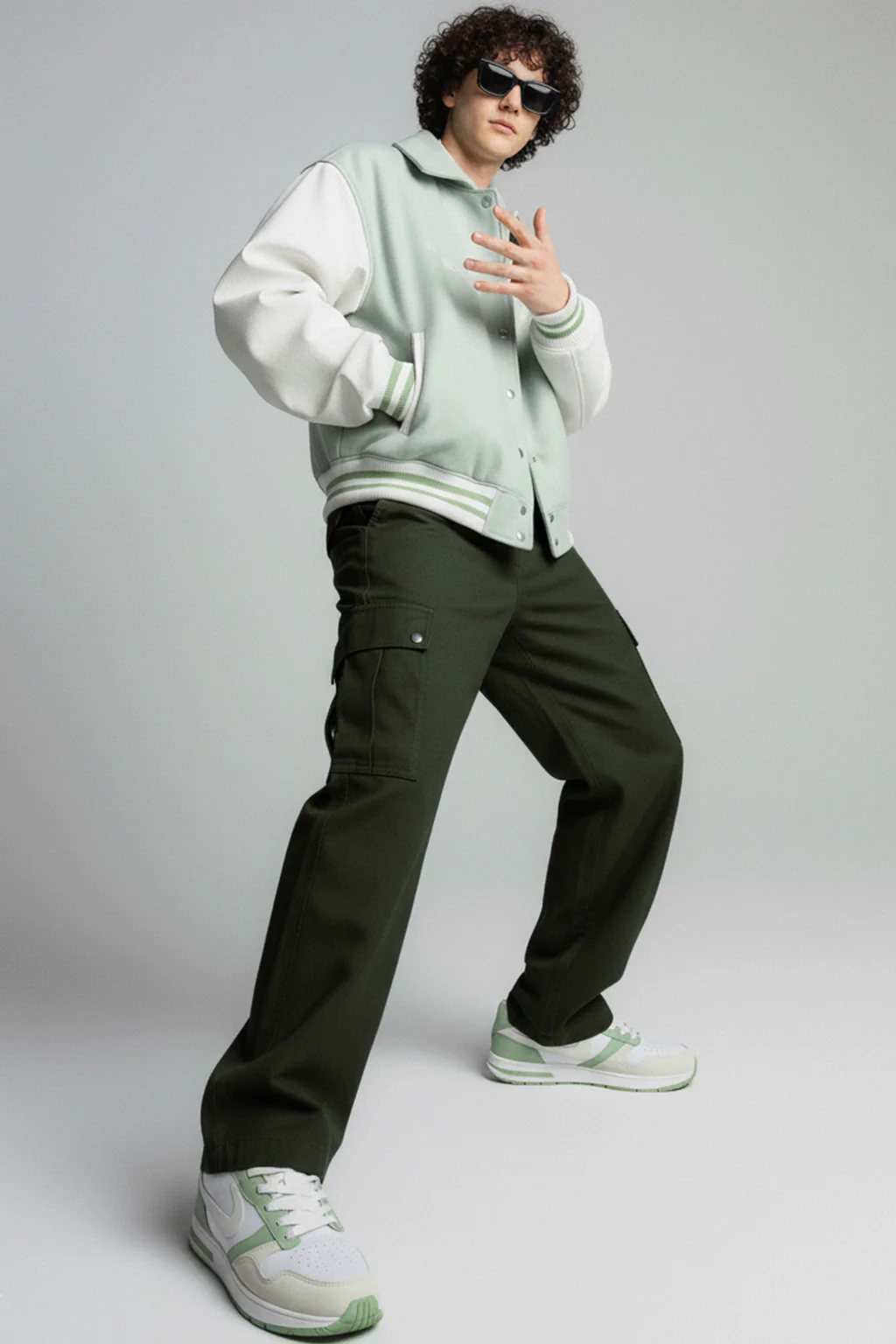 Olive Cut-n-sew Panel Woven Exclusive Cargo Pants with Rivets & Turn-up Hem - Image 3
