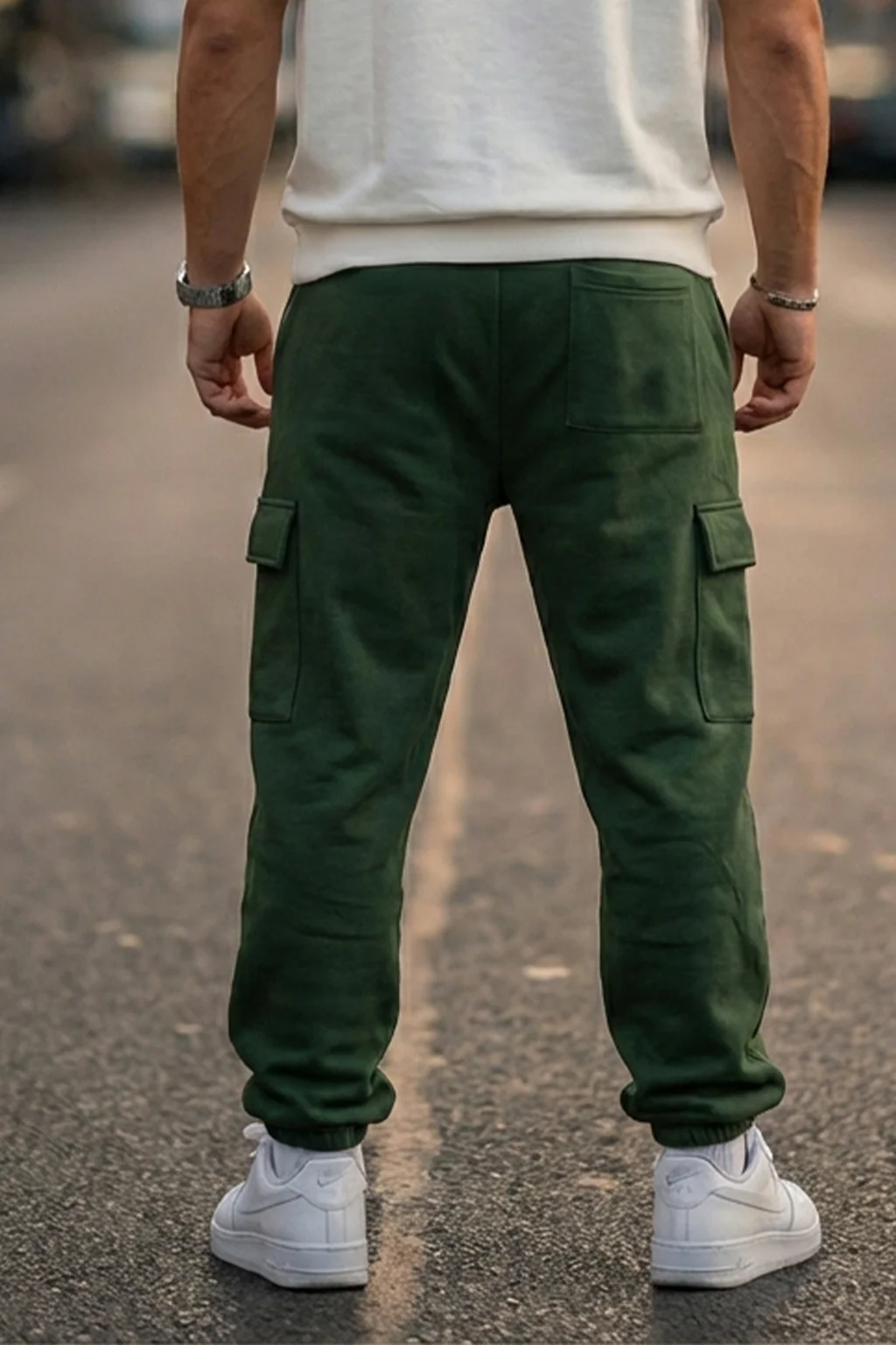 Olive Green Solid Baggy Fit Cargo Joggers - Image 4