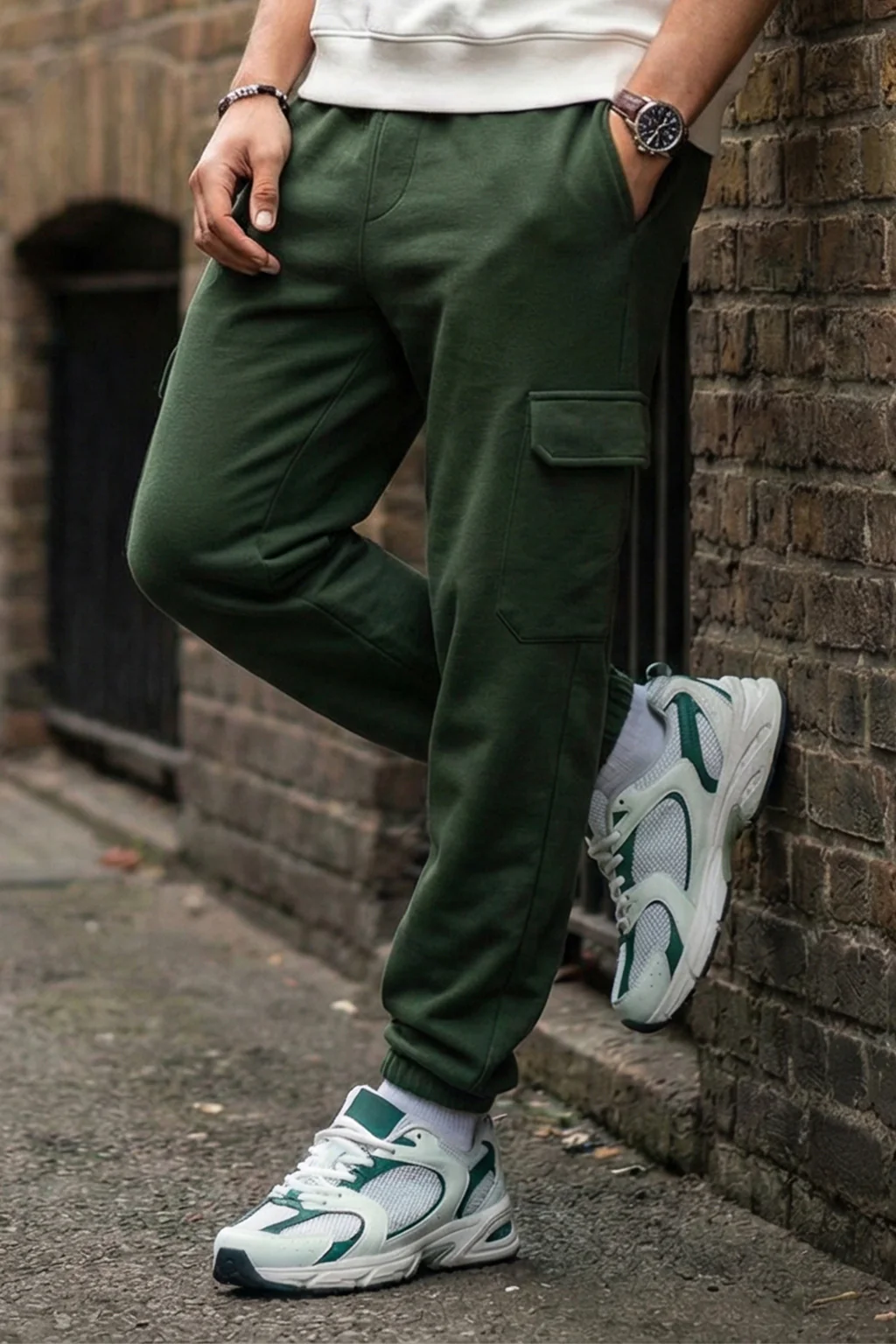 Olive Green Solid Baggy Fit Cargo Joggers - Image 5