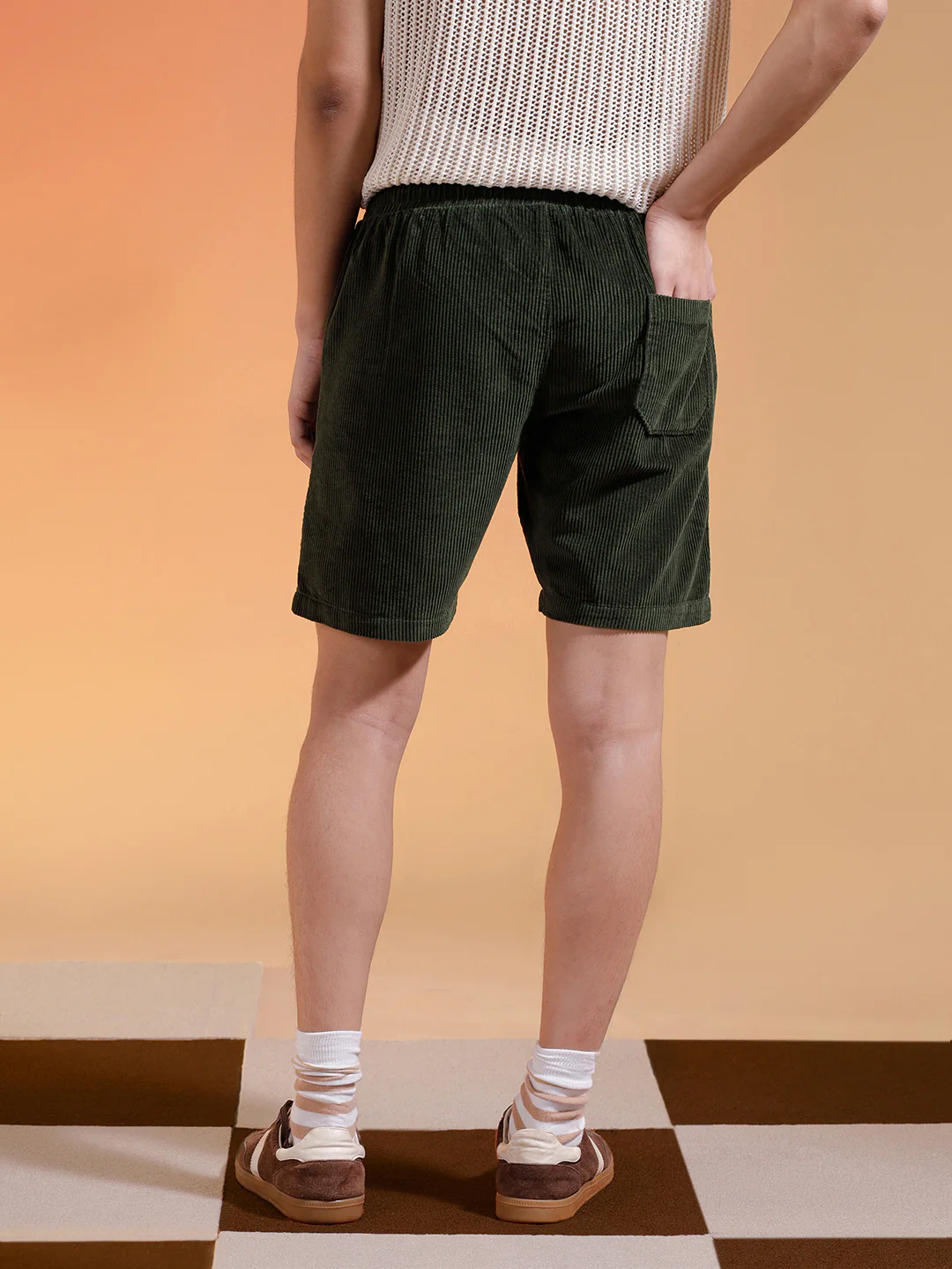 Olive Lining Pattern Plain Corduroy Shorts - Image 3