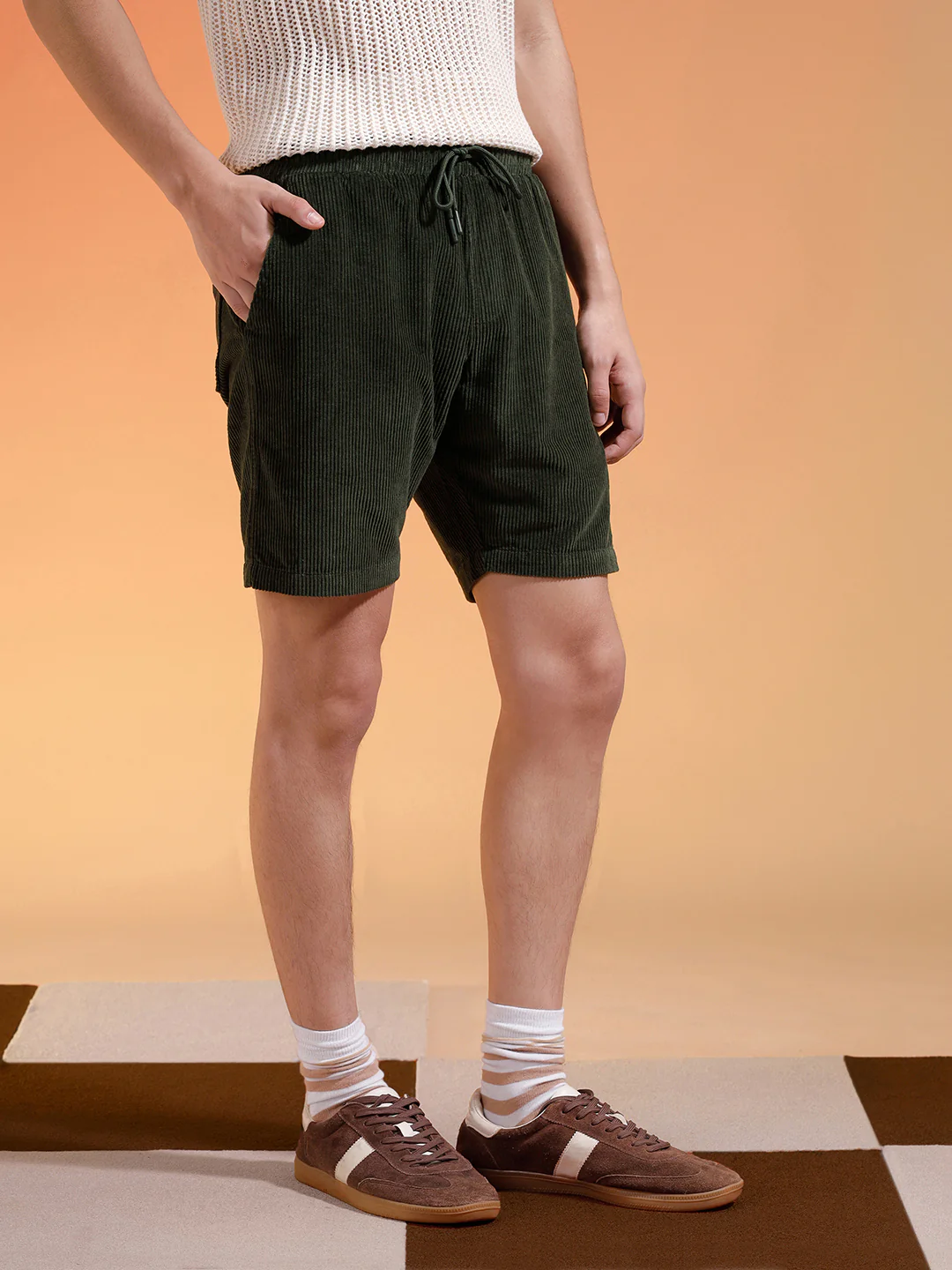 Olive Lining Pattern Plain Corduroy Shorts - Image 5