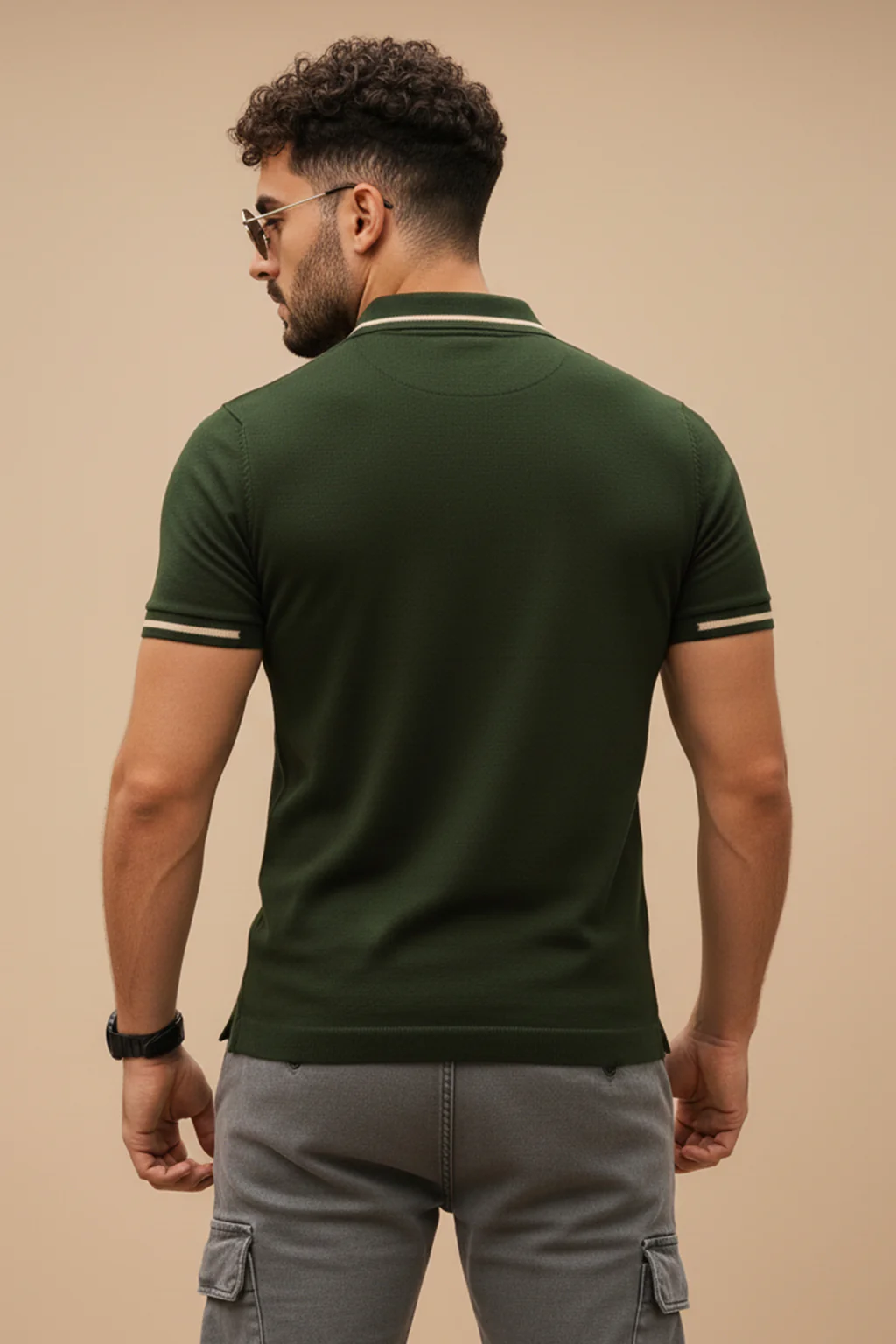 Olive Pique Stripe Collar Regular Fit Tipping Polo T-shirt - Image 2
