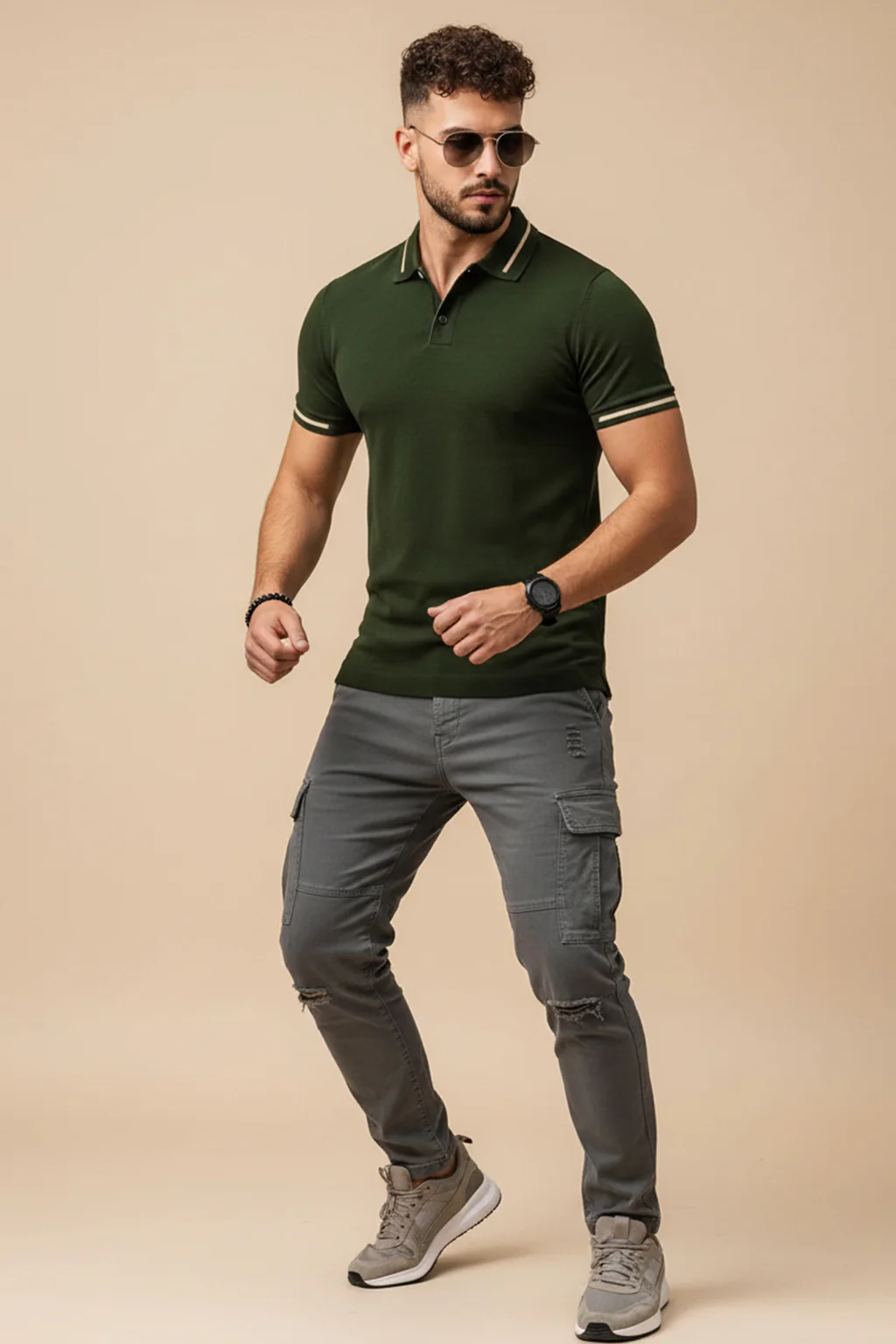 Olive Pique Stripe Collar Regular Fit Tipping Polo T-shirt - Image 3