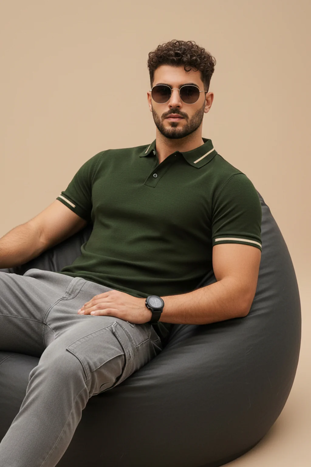 Olive Pique Stripe Collar Regular Fit Tipping Polo T-shirt - Image 4