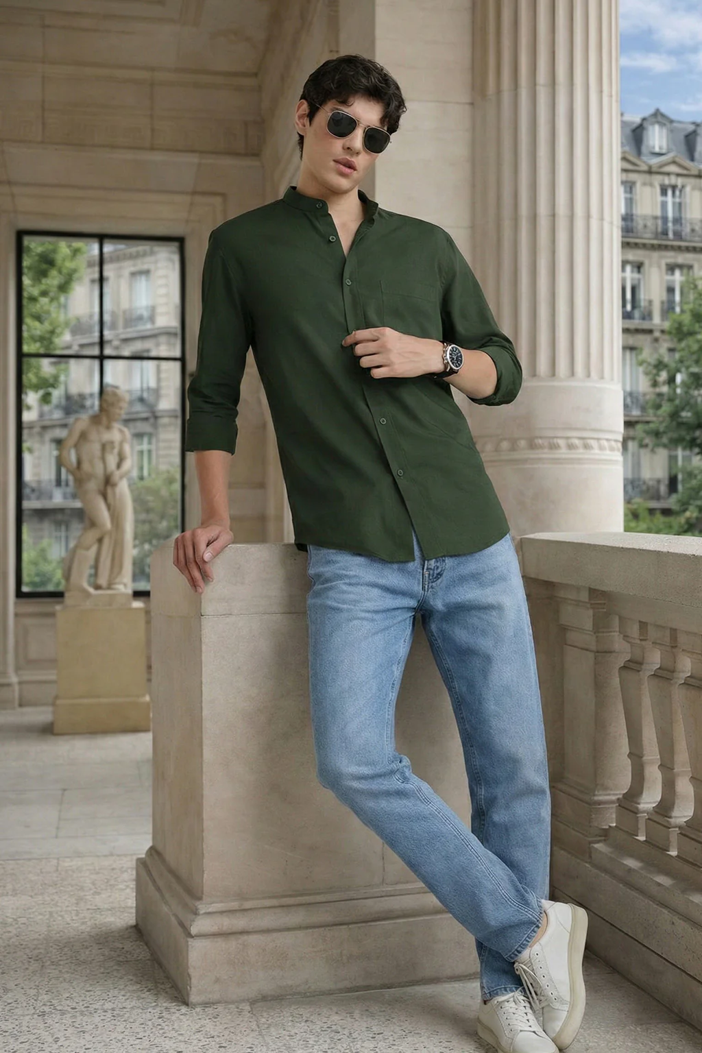 Olive Plain Regular Fit Chinese Collar Full Sleeve Exclusive Shirt - Image 6