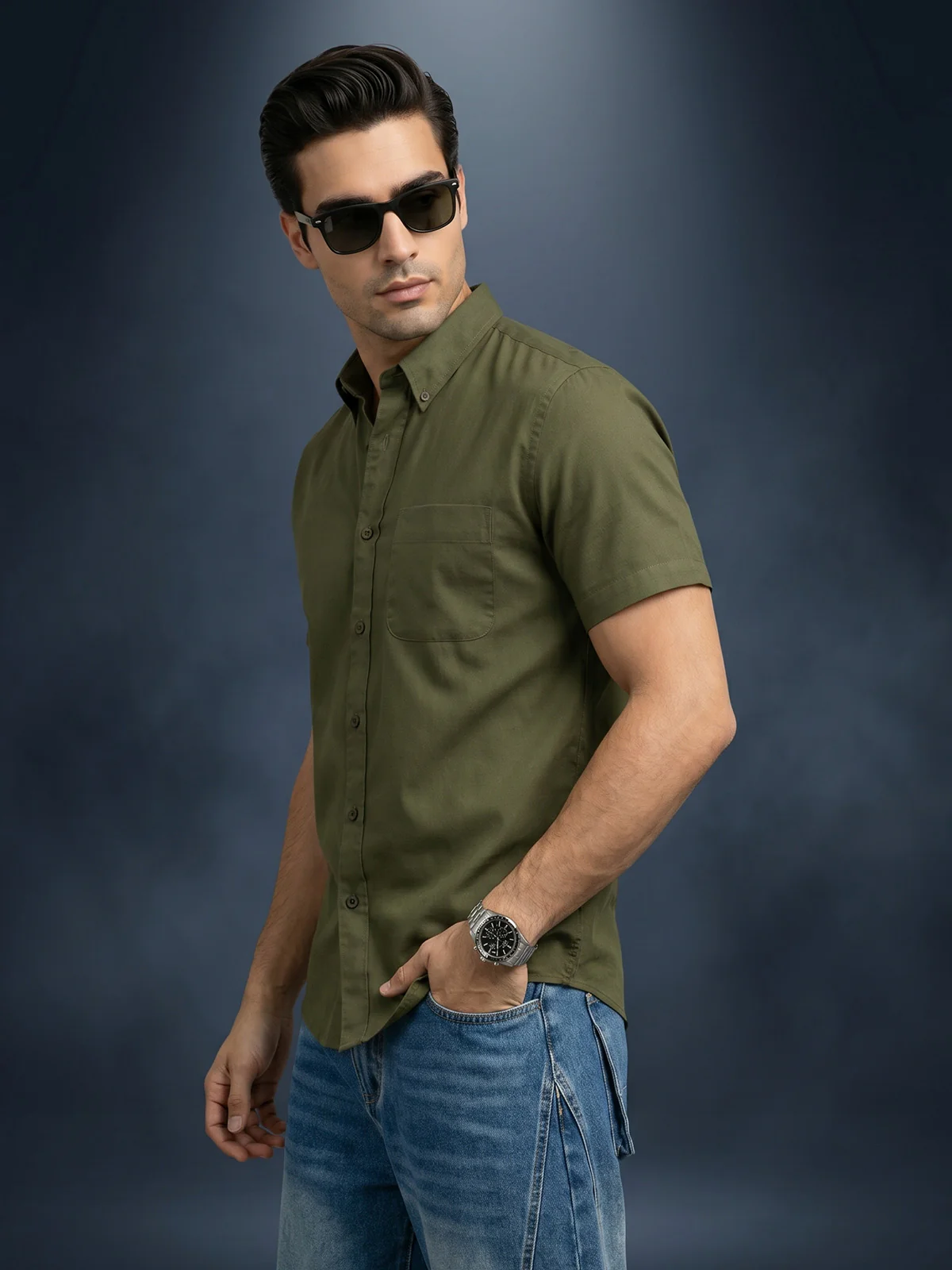 Olive Plain Regular Fit Half Sleeve Single Pocket Exclusive Shirt - Image 3