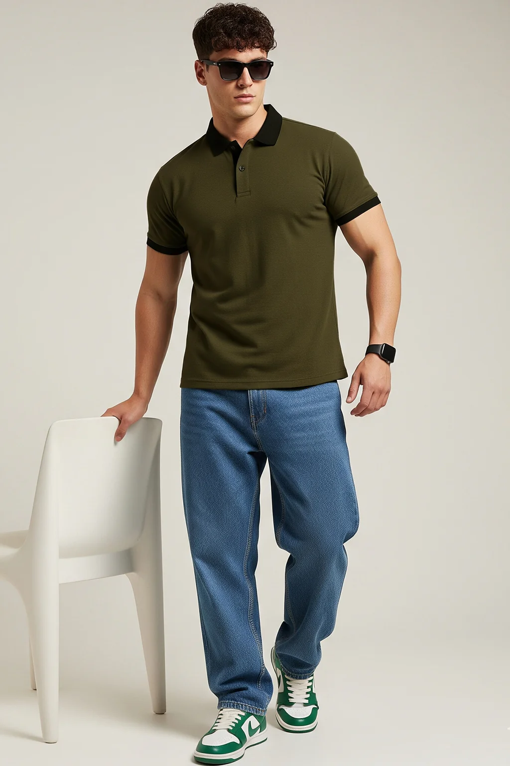 Olive Black Cotton Regular Fit Polo T-shirt - Image 3