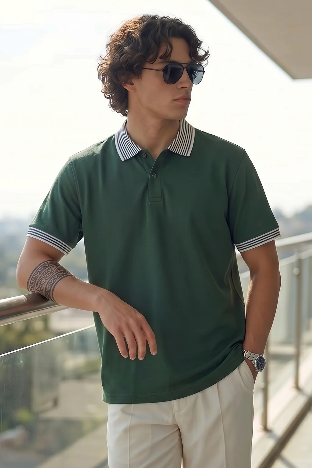 Olive Stripped Collar Regular Fit Exclusive Pique Lycra Polo T-Shirt - Image 5