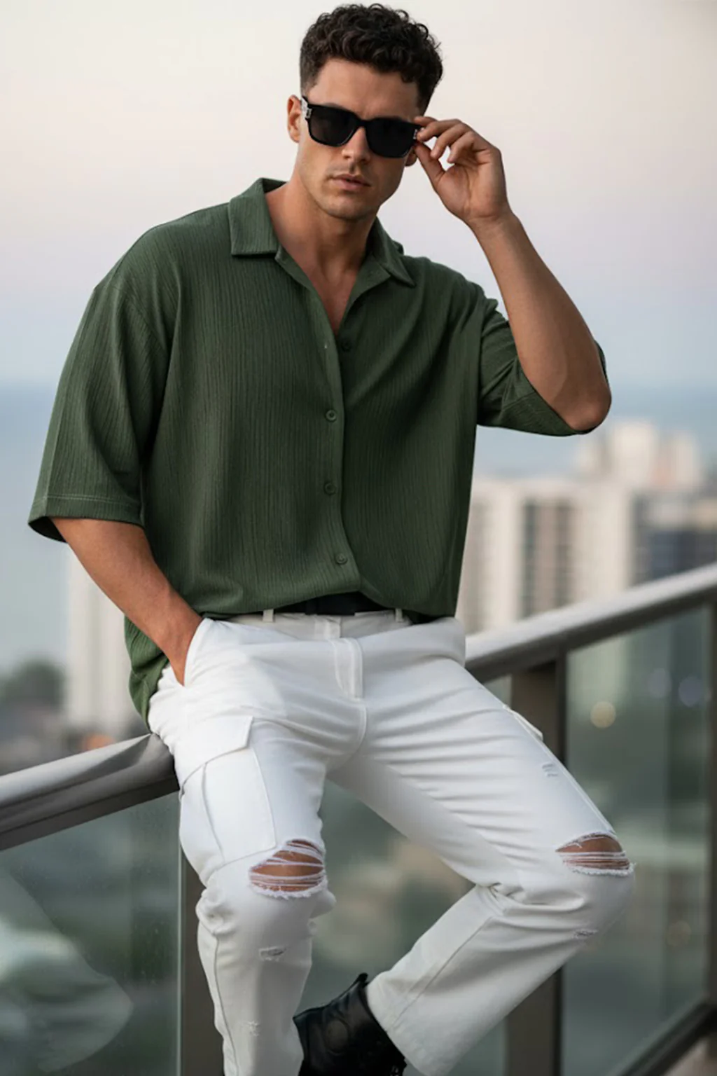 Olive Textured Plain Oversized Exclusive Shirt - Image 2