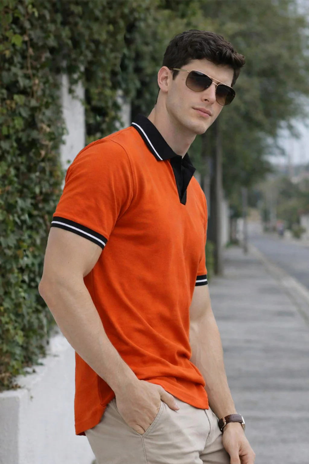 Orange Contrast Stripped Rib Collar Economic Regular Fit Pique Polo - Image 3