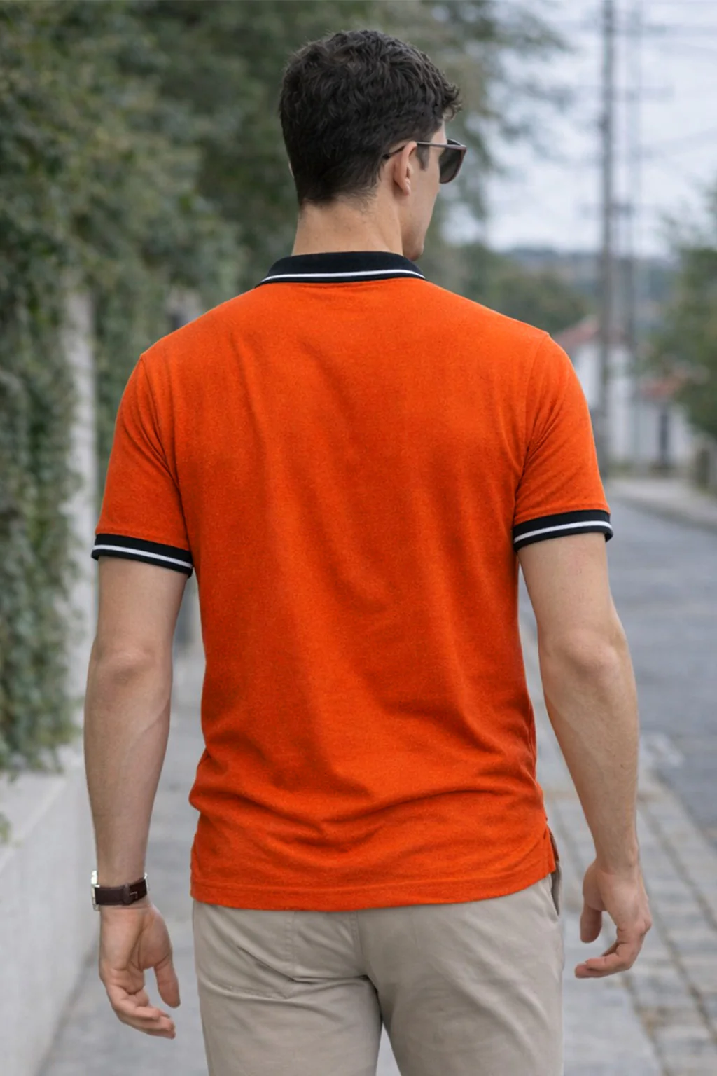 Orange Contrast Stripped Rib Collar Economic Regular Fit Pique Polo - Image 4