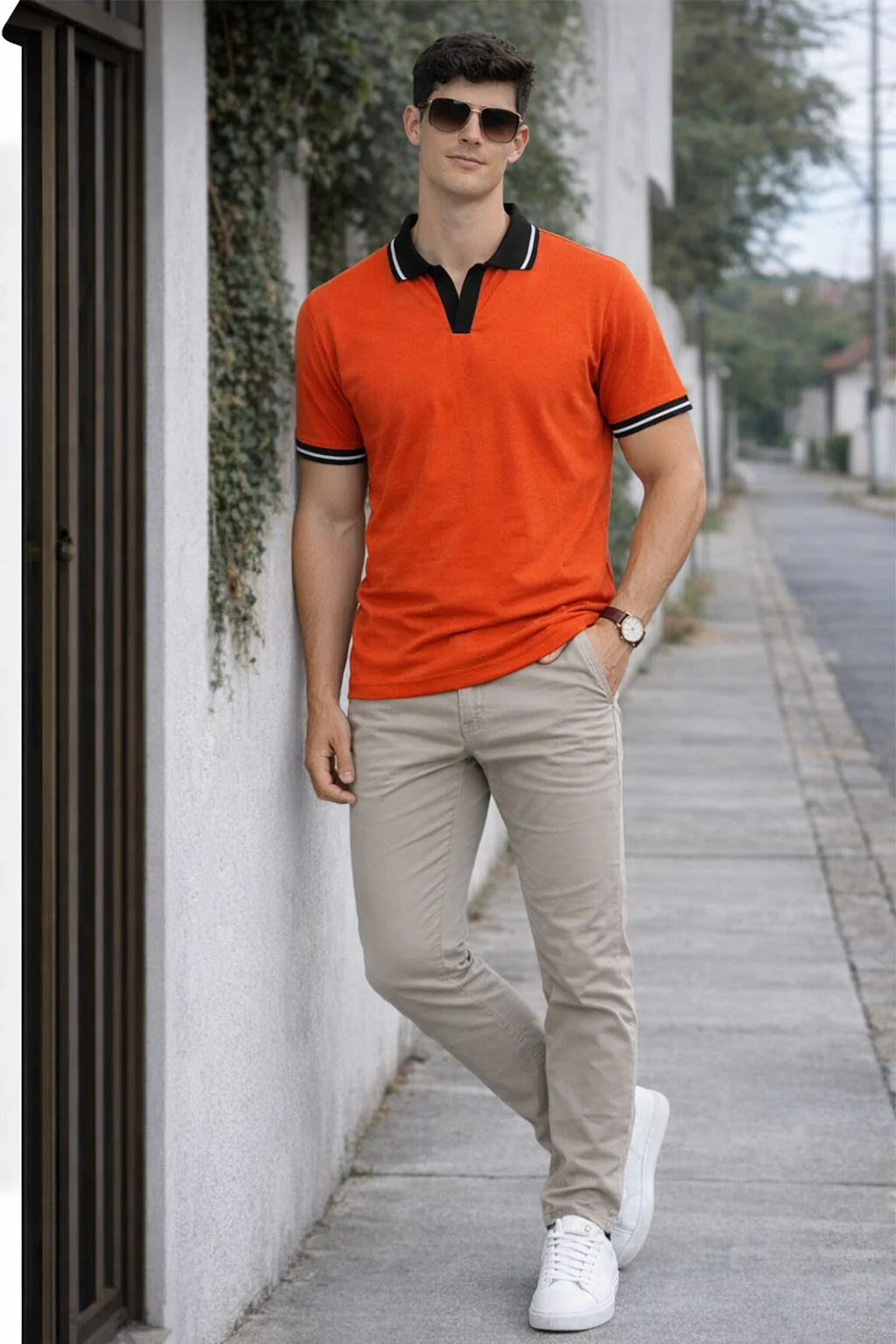 Orange Contrast Stripped Rib Collar Economic Regular Fit Pique Polo - Image 5