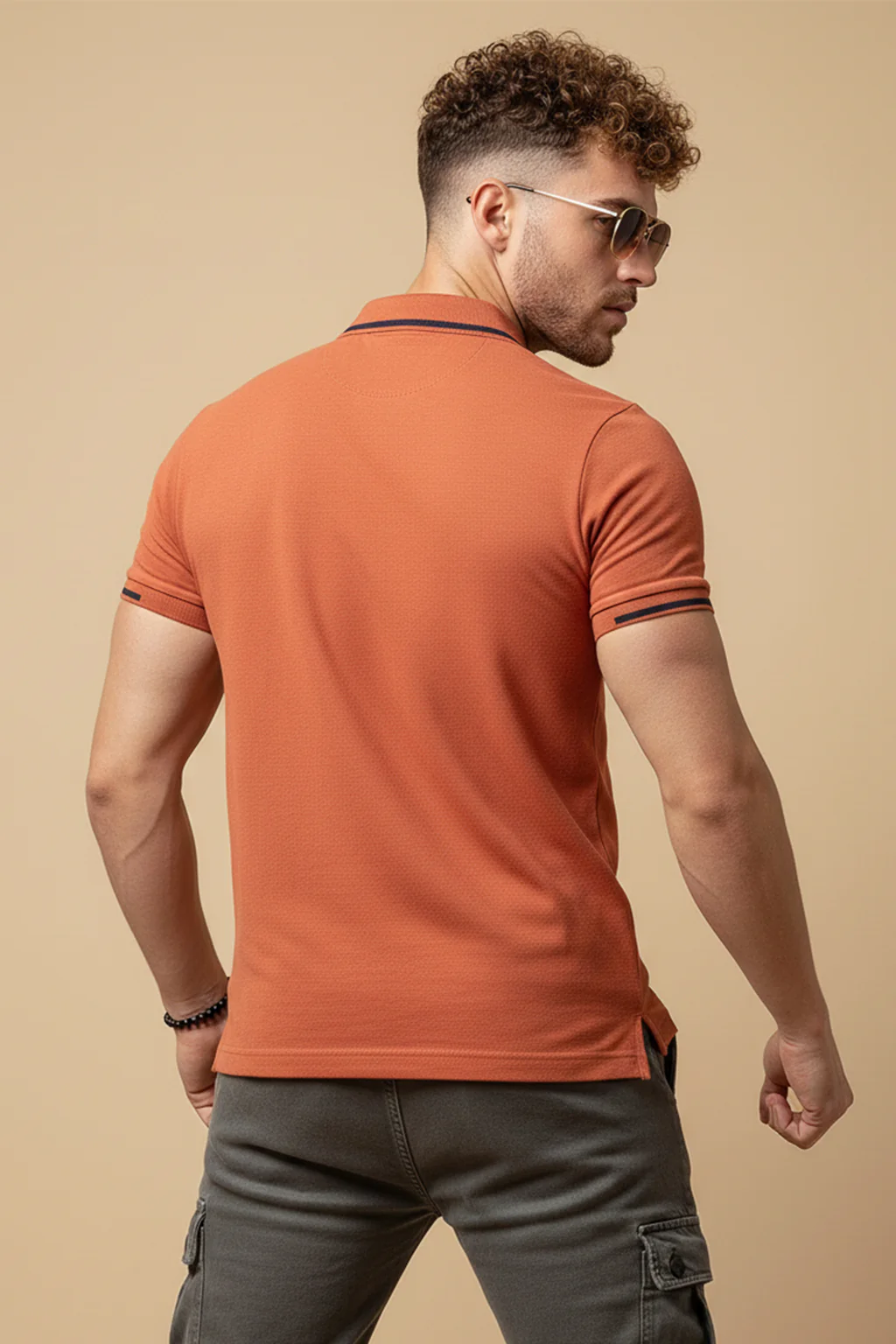 Orange Pique Stripe Collar Regular Fit Tipping Polo T-shirt - Image 2