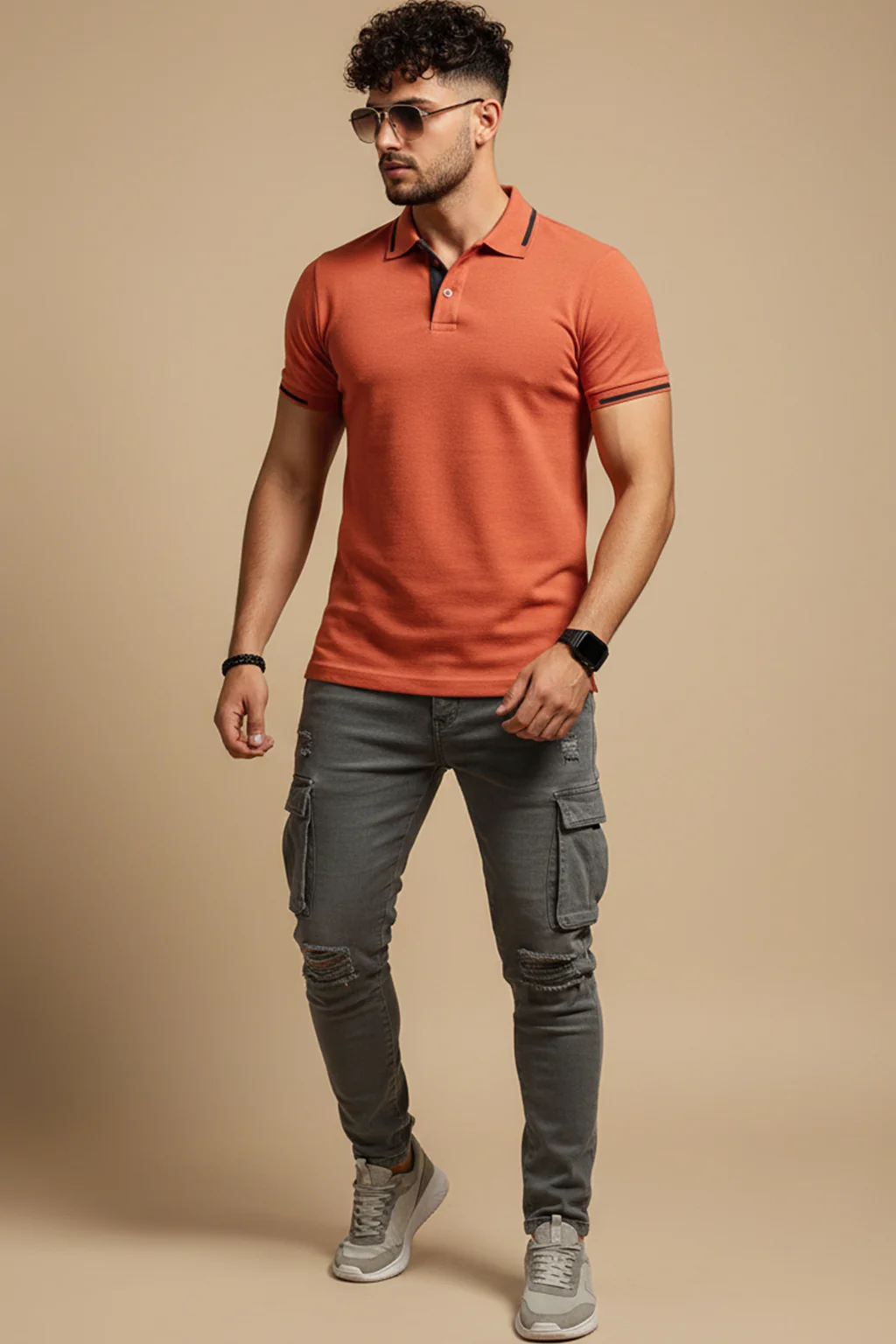 Orange Pique Stripe Collar Regular Fit Tipping Polo T-shirt - Image 3