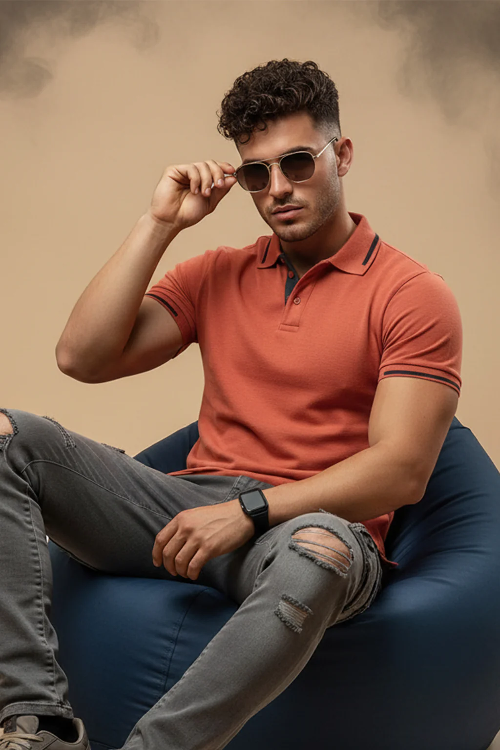Orange Pique Stripe Collar Regular Fit Tipping Polo T-shirt - Image 4