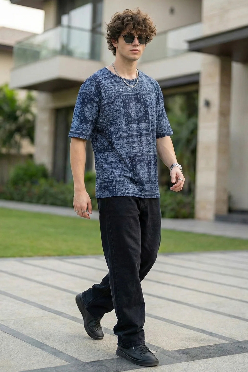 Paisley Navy Oversized All Over Printed T-shirt - Image 4
