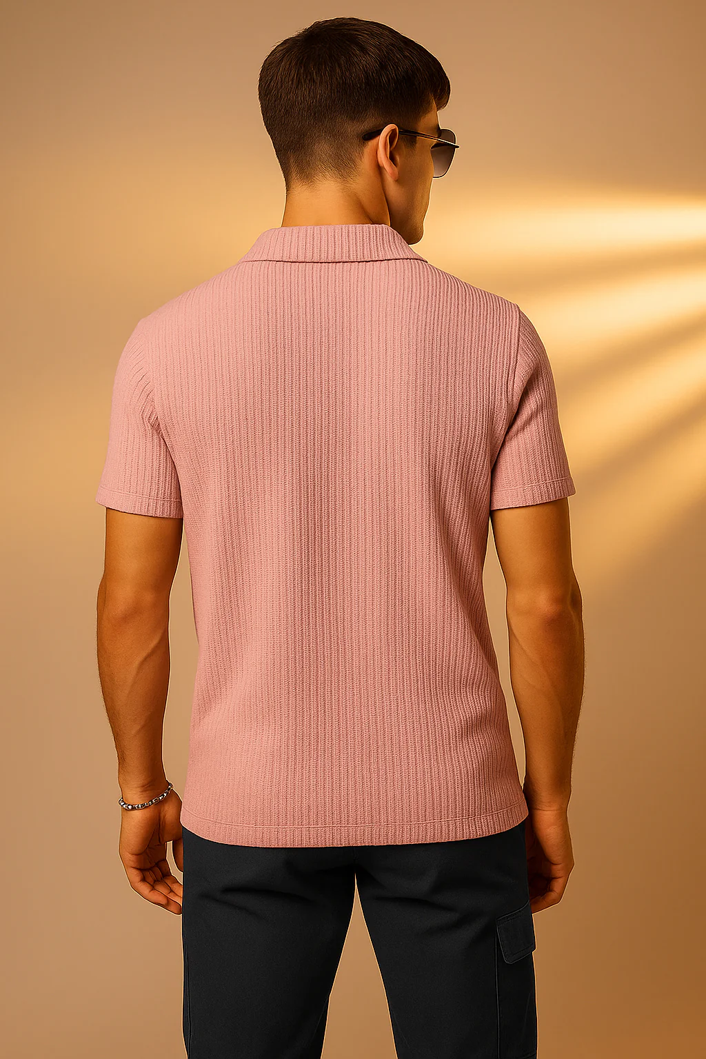 Peach Textured Plain Regular Fit Zipper Polo T-shirt - Image 3