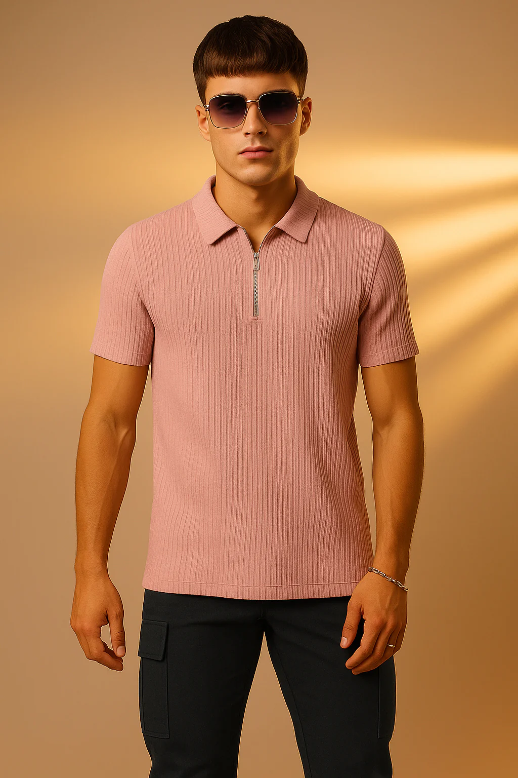Peach Textured Plain Regular Fit Zipper Polo T-shirt - Image 4