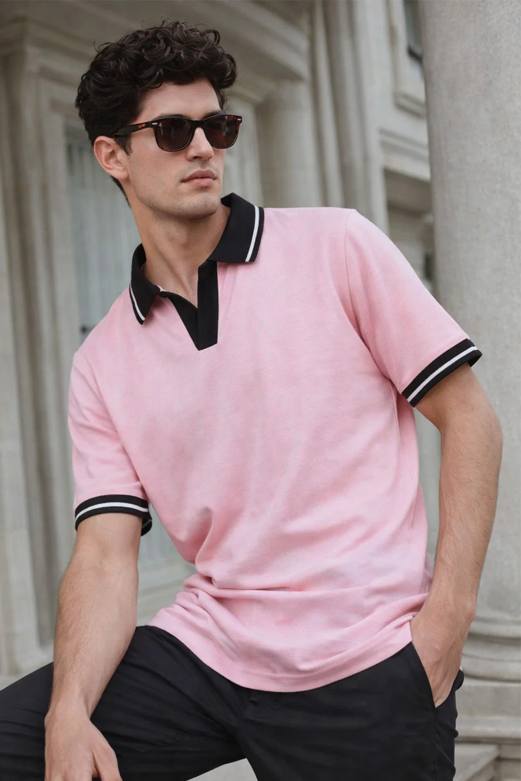 Pink Contrast Stripped Rib Collar Economic Regular Fit Pique Polo