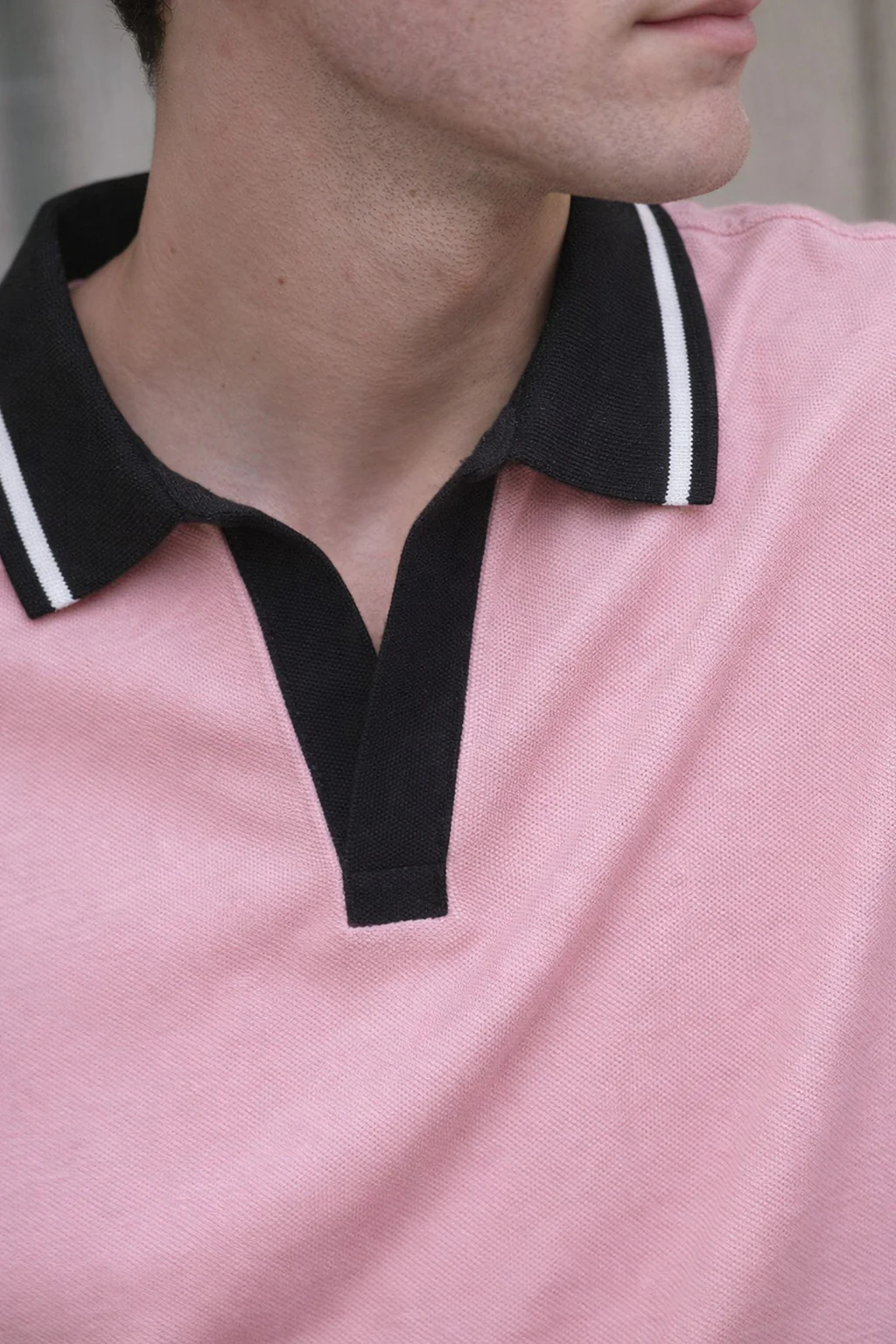 Pink Contrast Stripped Rib Collar Economic Regular Fit Pique Polo - Image 2