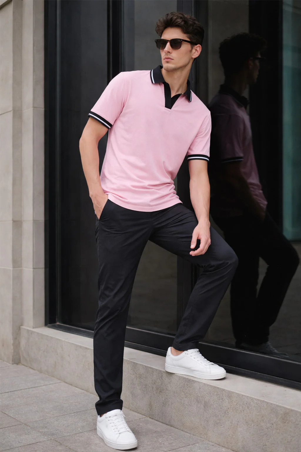 Pink Contrast Stripped Rib Collar Economic Regular Fit Pique Polo - Image 5