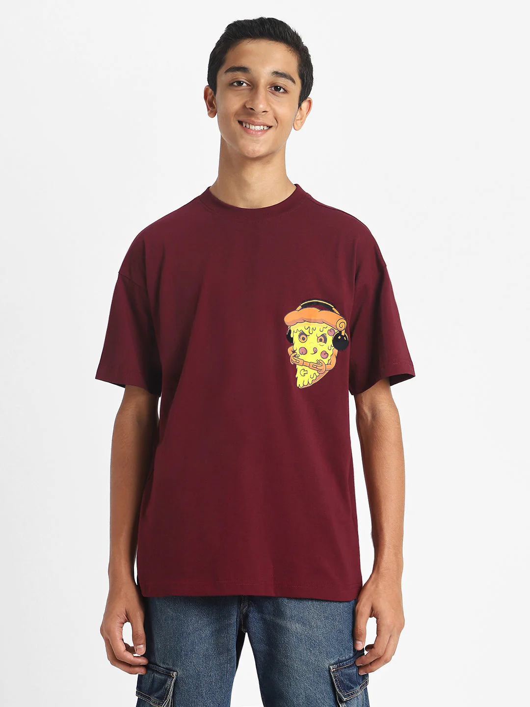 Pizza Maroon Oversized Graphic Pocket Printed Boys T-shirt - Image 2