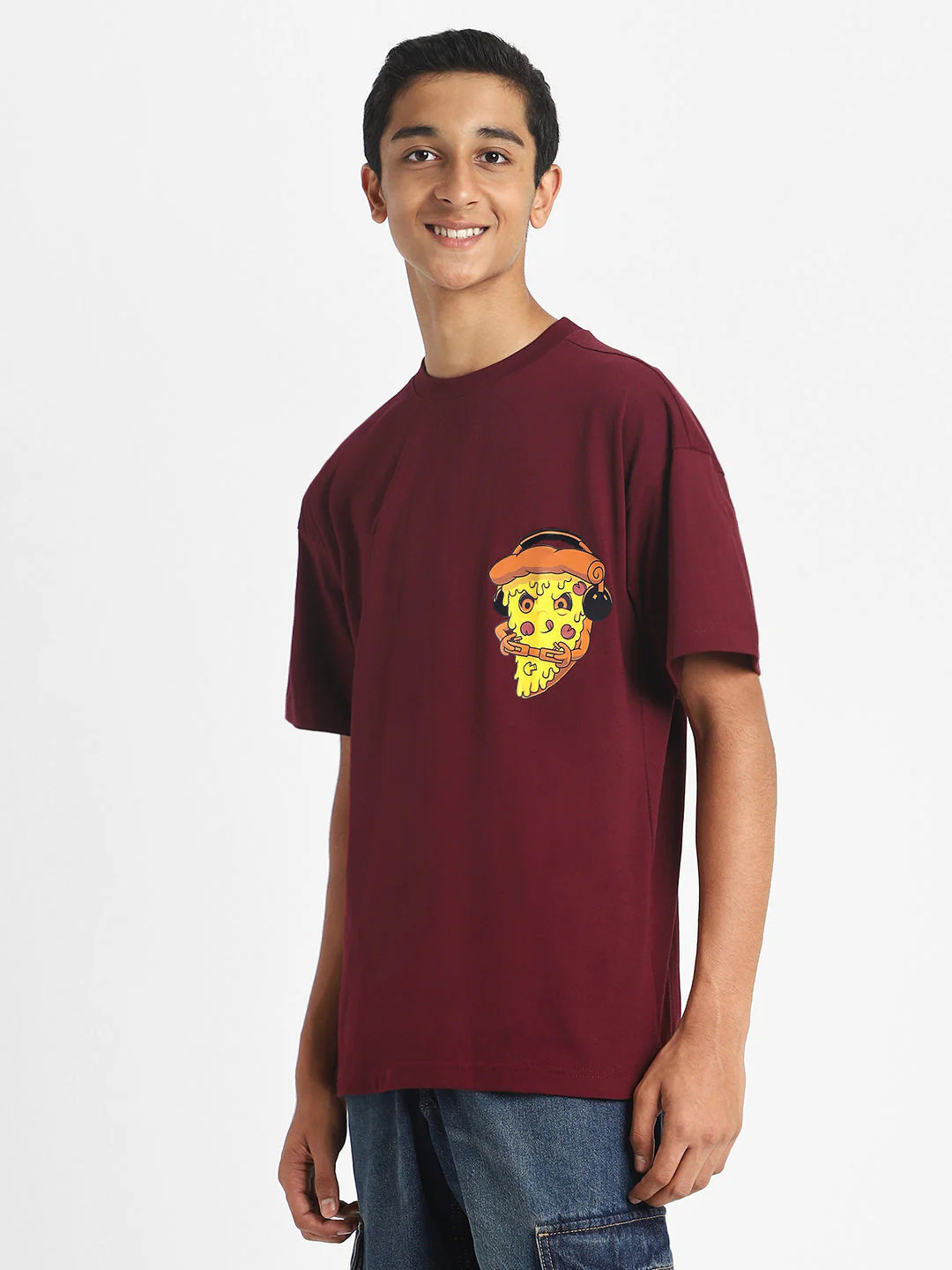 Pizza Maroon Oversized Graphic Pocket Printed Boys T-shirt - Image 3