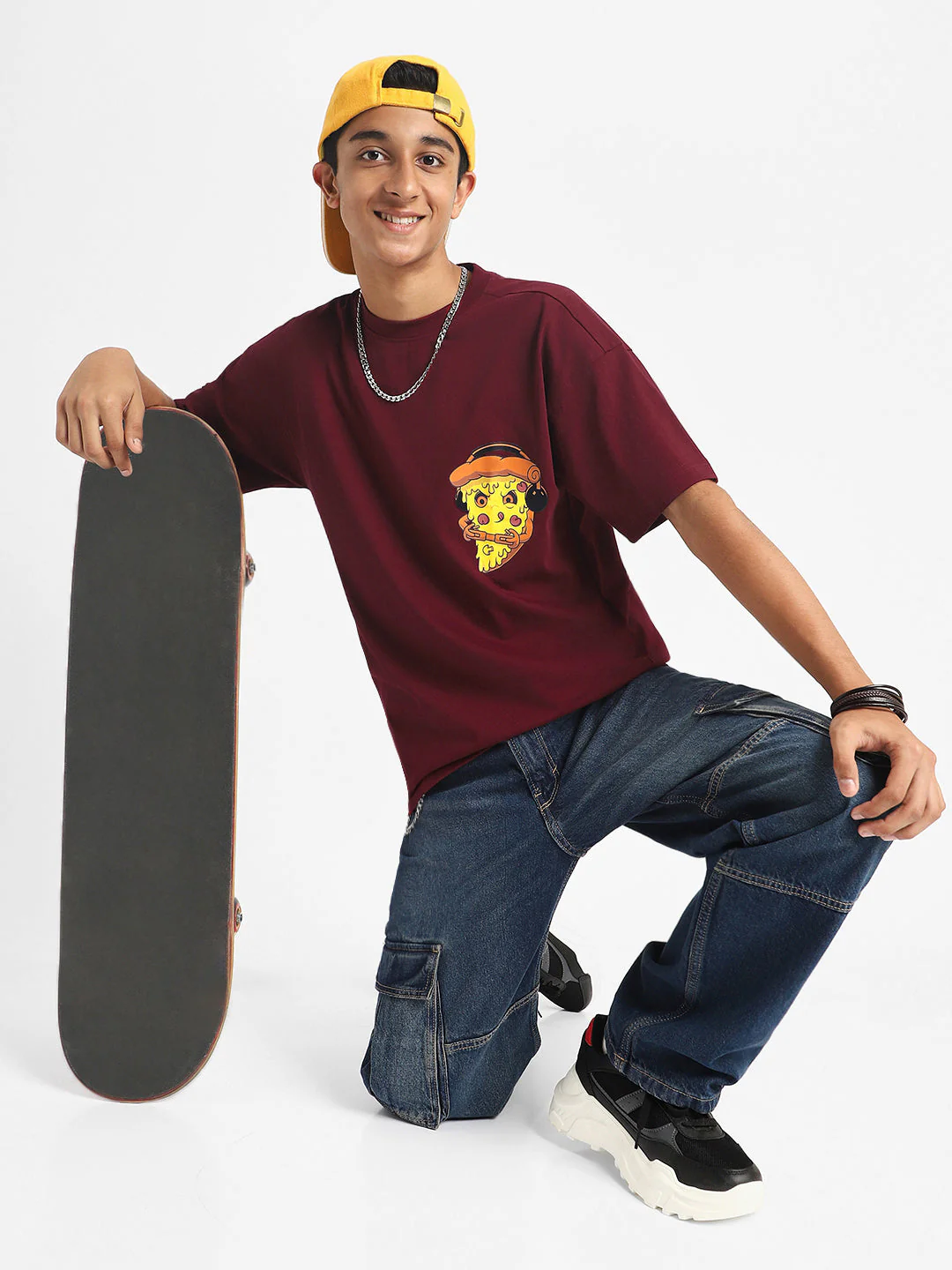 Pizza Maroon Oversized Graphic Pocket Printed Boys T-shirt - Image 6