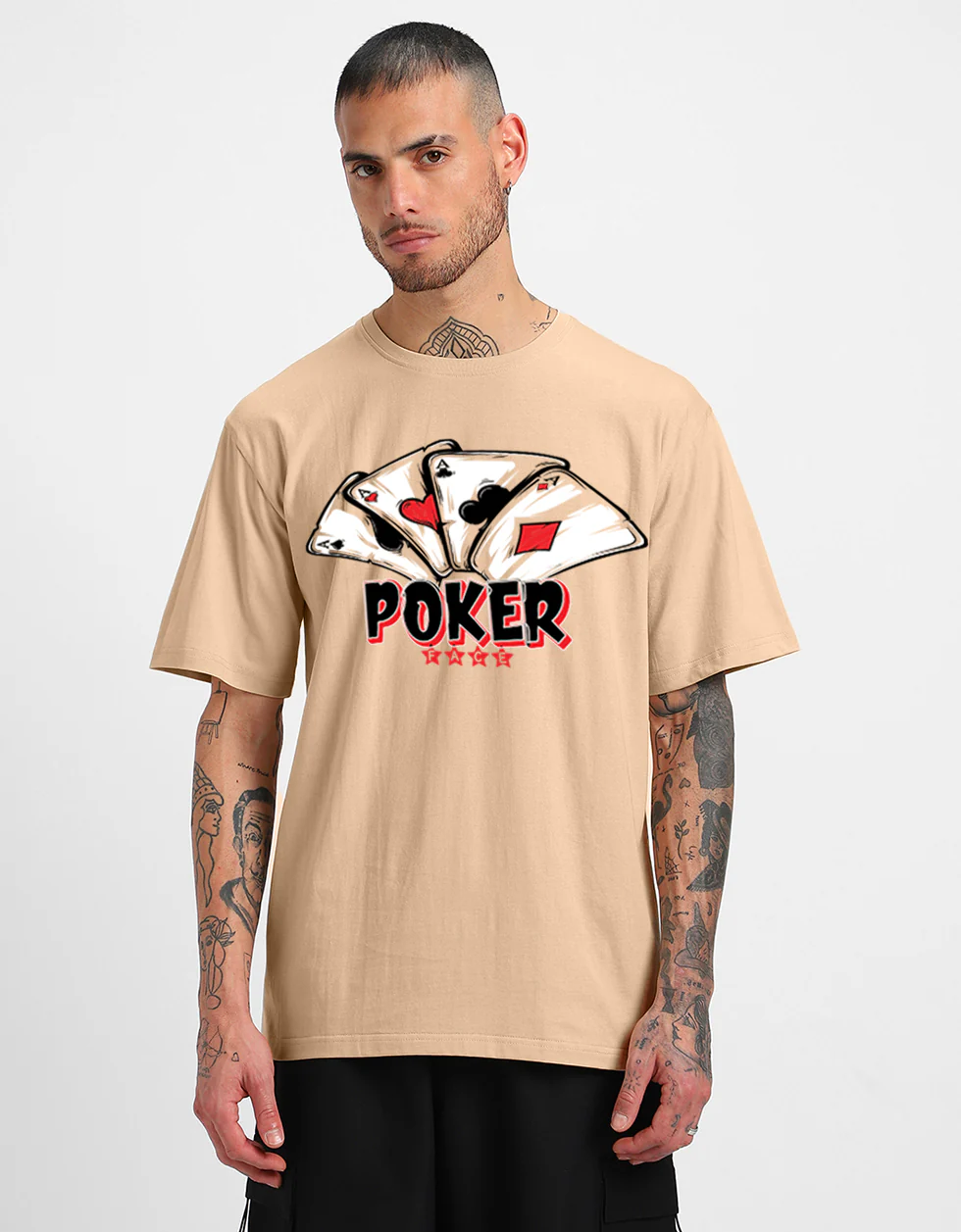 POKER Beige Oversized Front Graphic Printed T-shirt