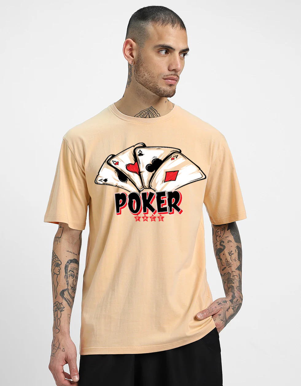 POKER Beige Oversized Front Graphic Printed T-shirt - Image 2