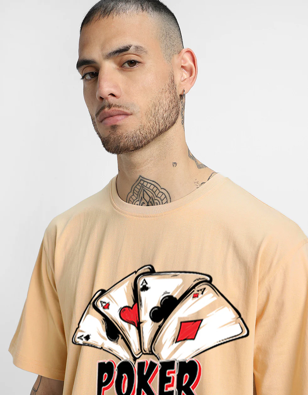 POKER Beige Oversized Front Graphic Printed T-shirt - Image 4