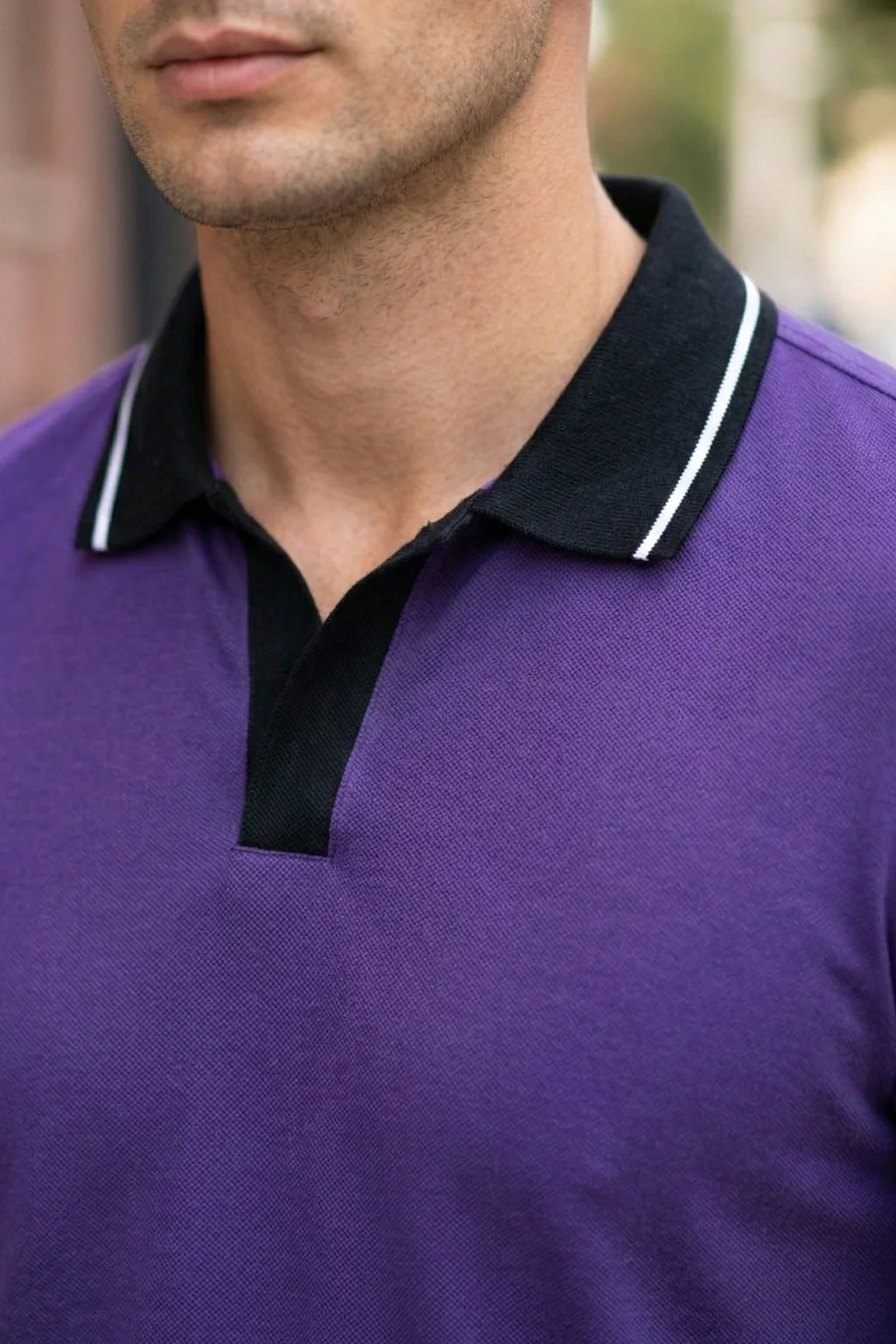 Purple Contrast Stripped Rib Collar Economic Regular Fit Pique Polo - Image 2