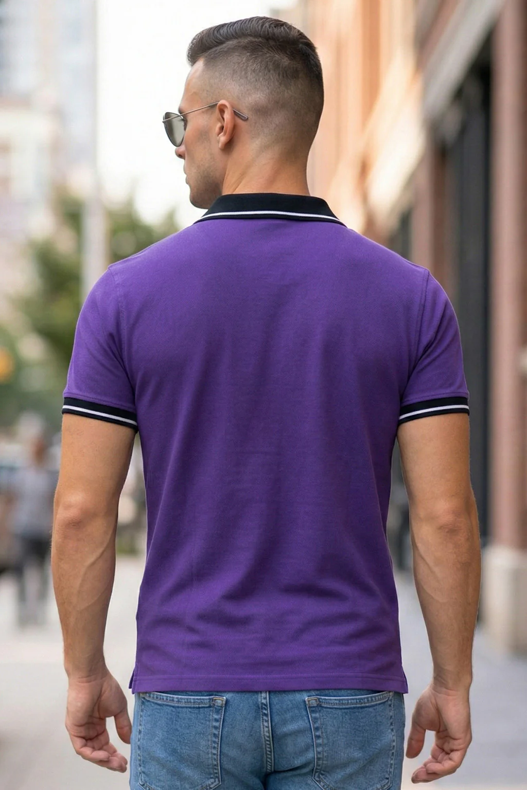 Purple Contrast Stripped Rib Collar Economic Regular Fit Pique Polo - Image 4