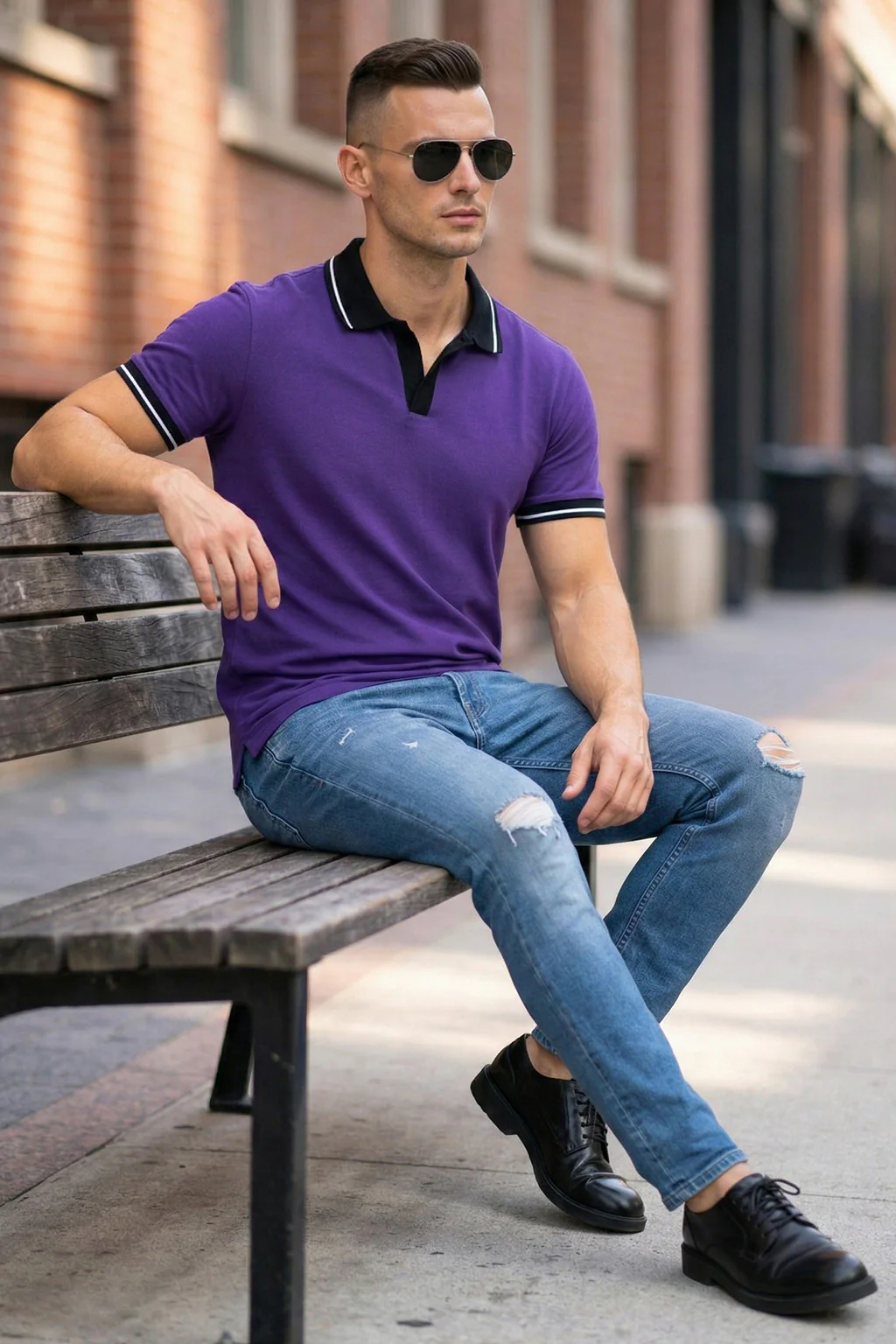 Purple Contrast Stripped Rib Collar Economic Regular Fit Pique Polo - Image 5