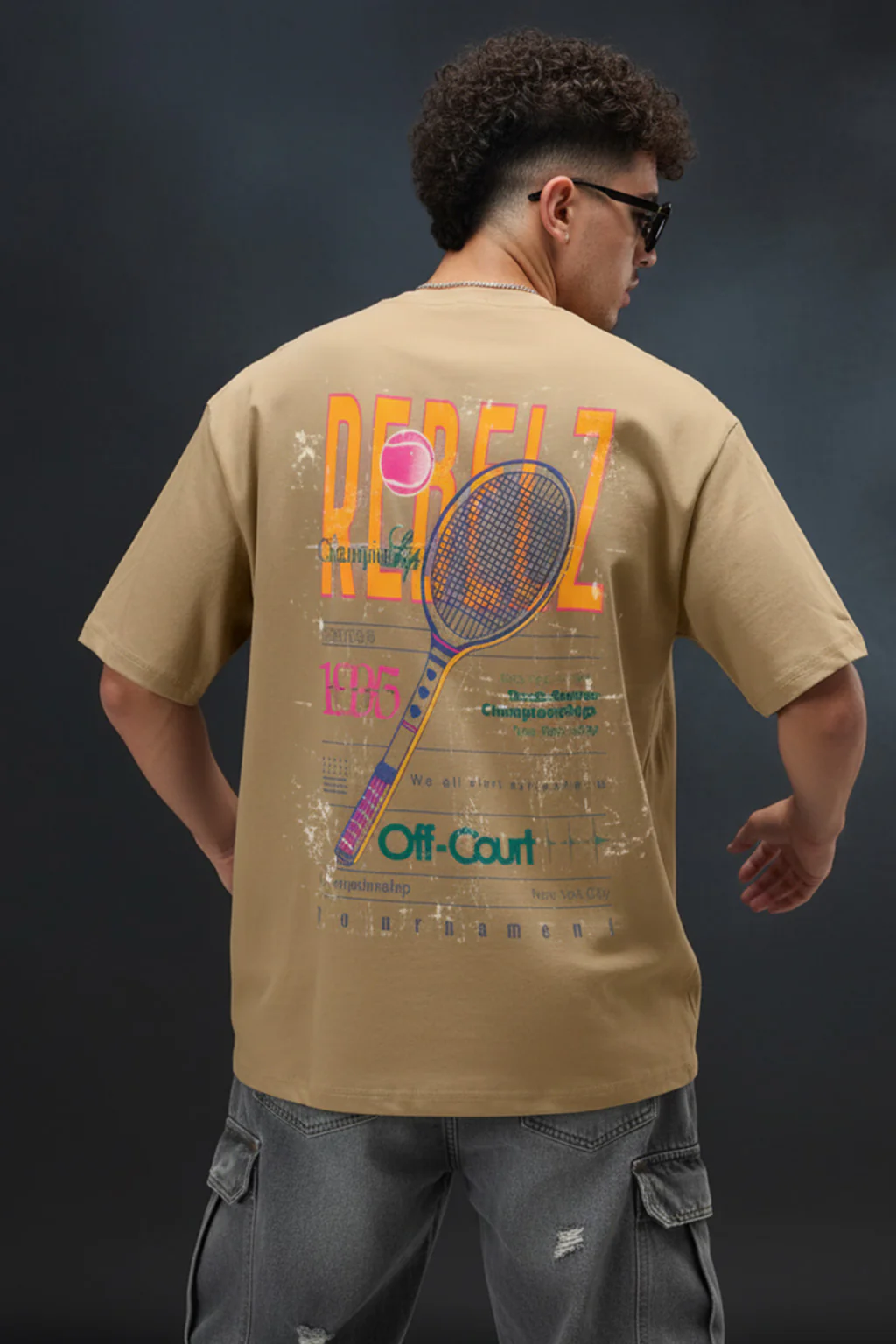Rebelz Beige Oversized Graphic Printed T-shirt - Image 2