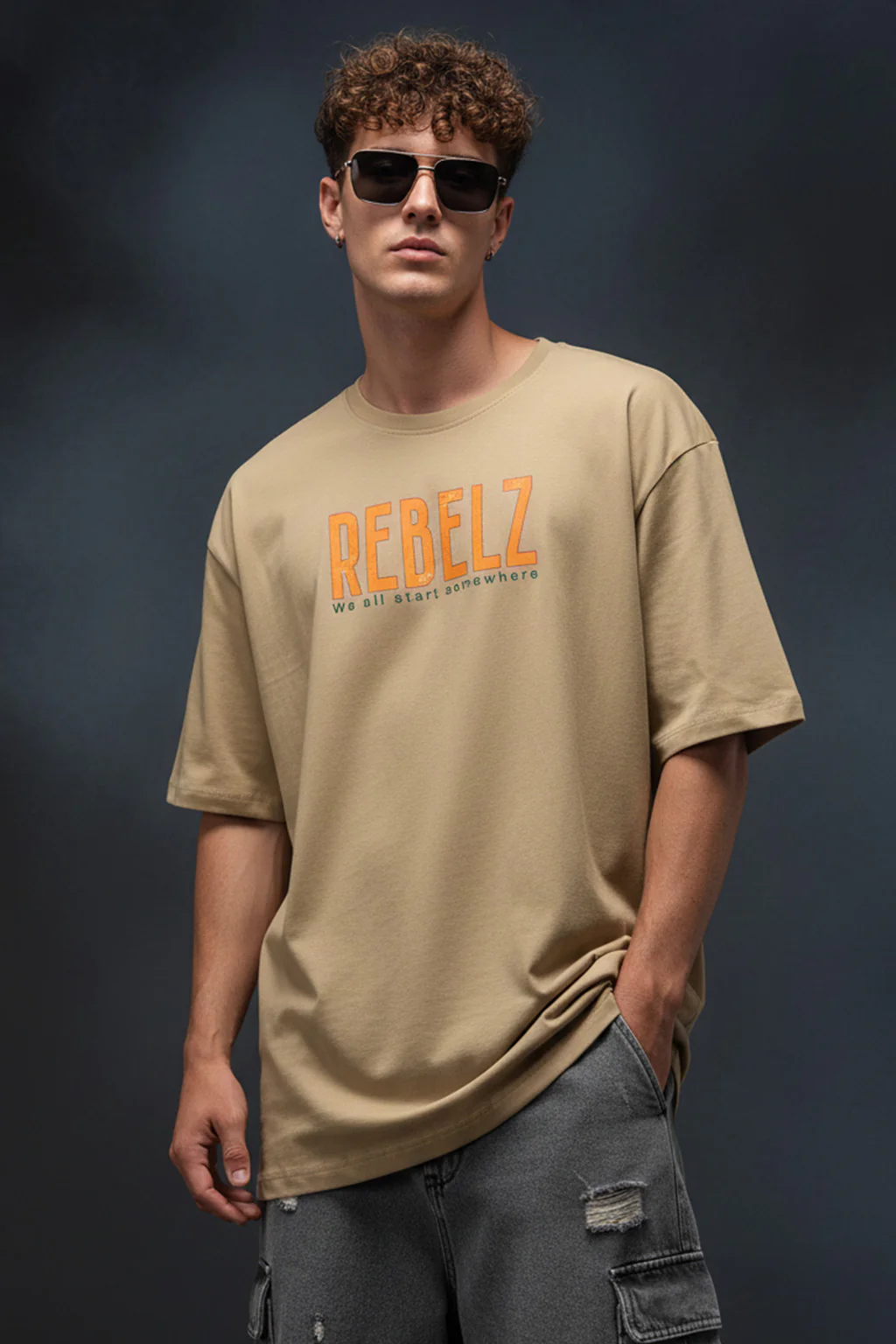 Rebelz Beige Oversized Graphic Printed T-shirt - Image 3