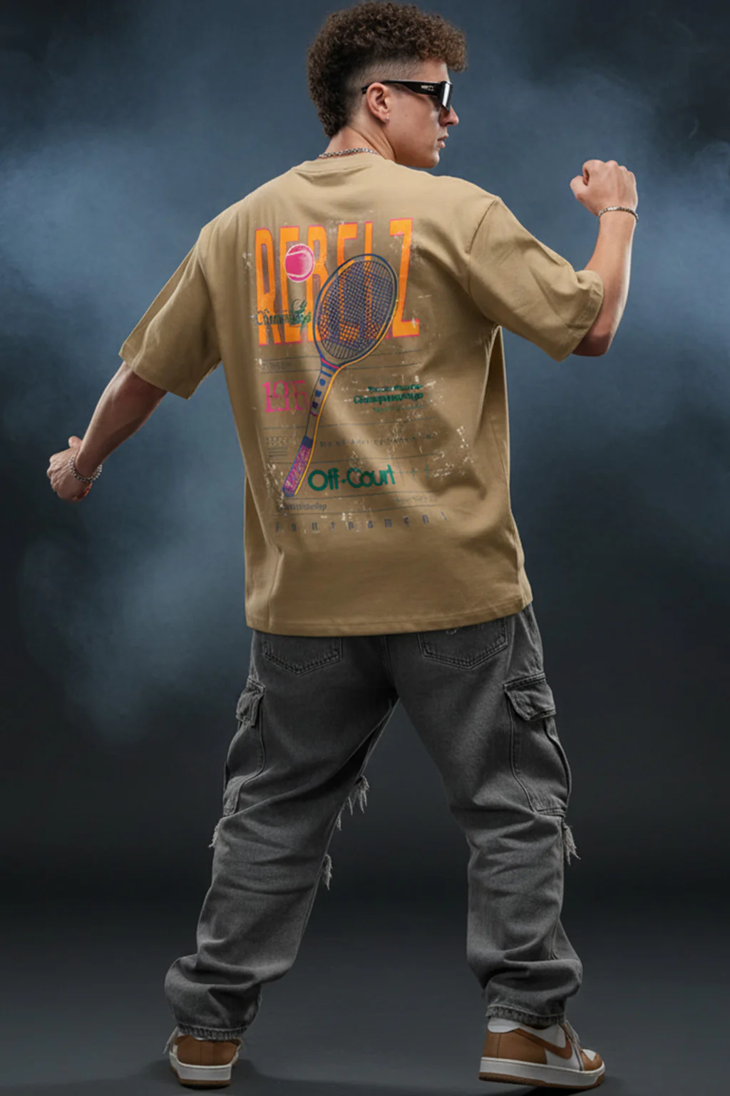 Rebelz Beige Oversized Graphic Printed T-shirt - Image 4