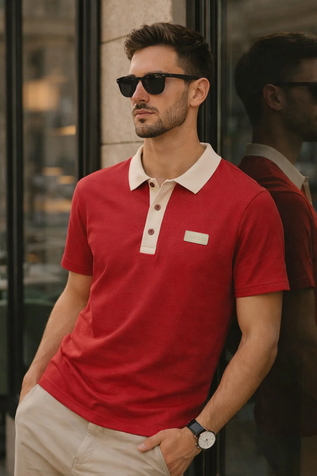 Red Contrast Collar Economic Regular Fit Pique Polo - Image 3