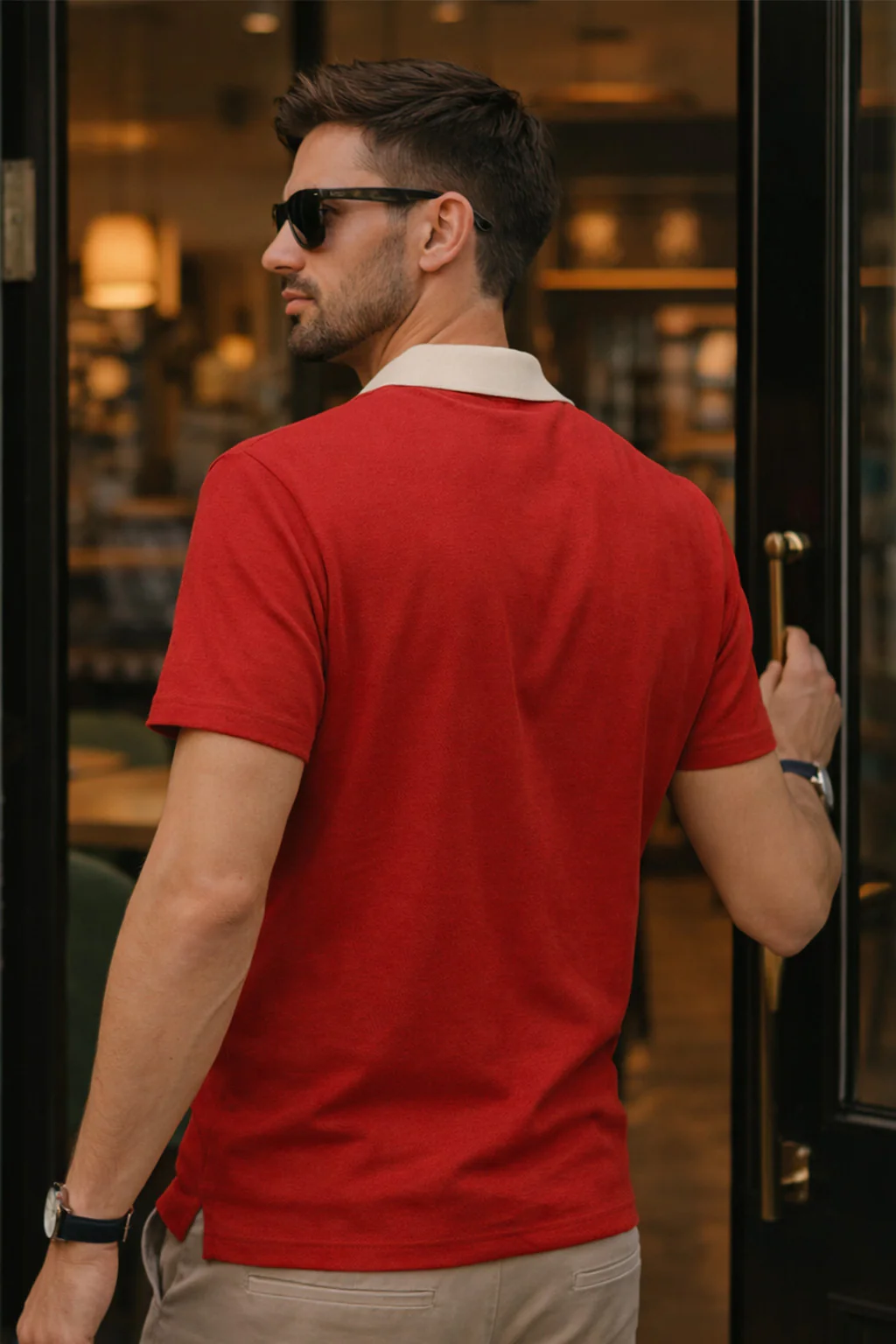 Red Contrast Collar Economic Regular Fit Pique Polo - Image 4