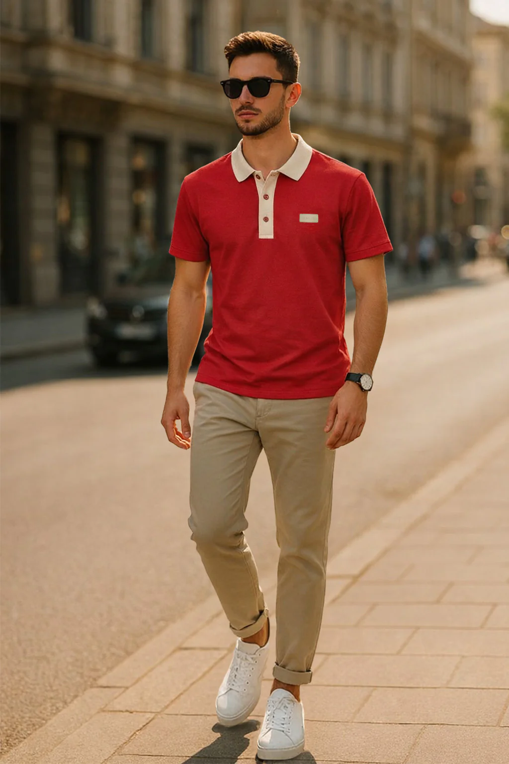 Red Contrast Collar Economic Regular Fit Pique Polo - Image 5
