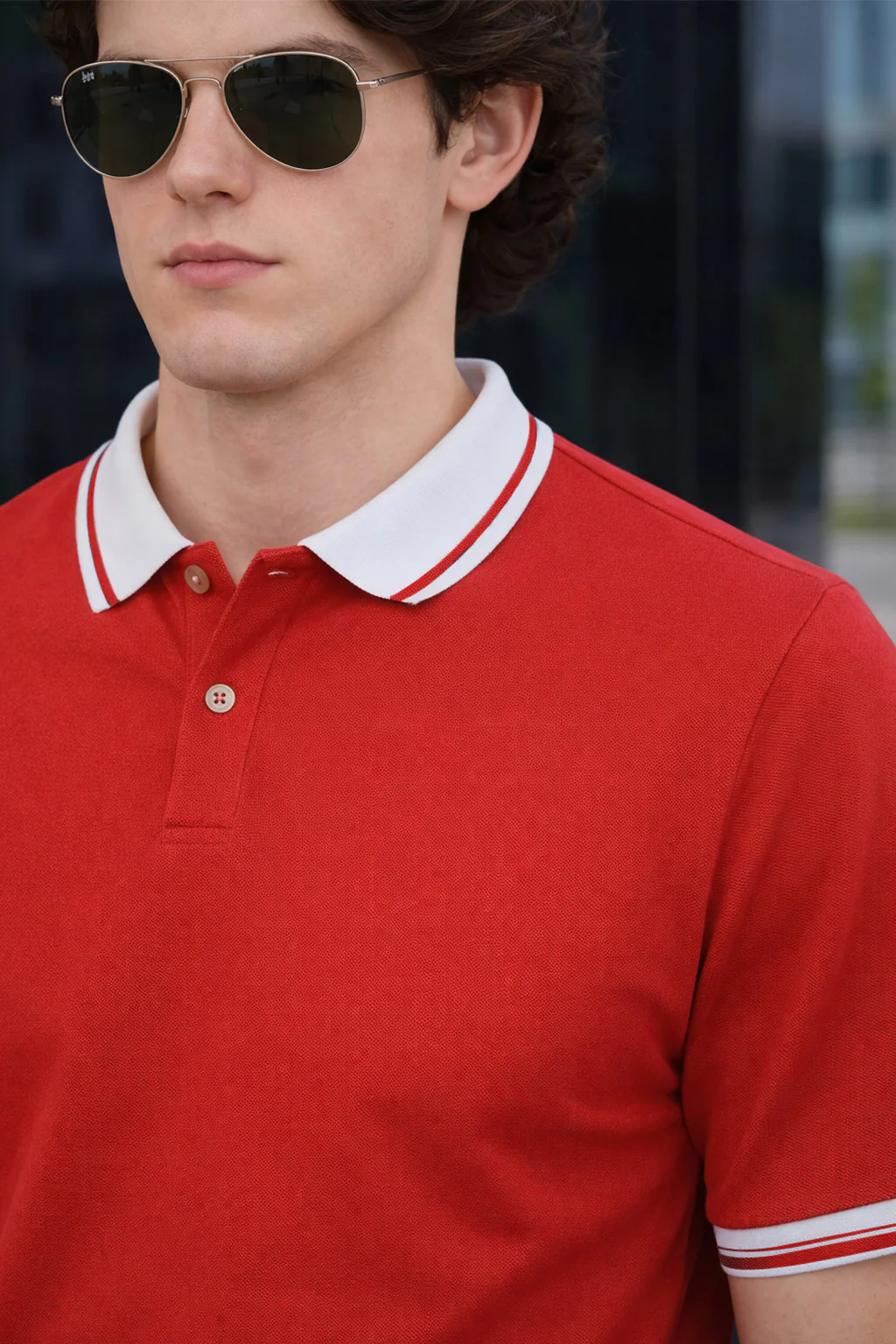 Red Pique Stripe Collar Regular Fit Tipping Polo T-shirt - Image 2
