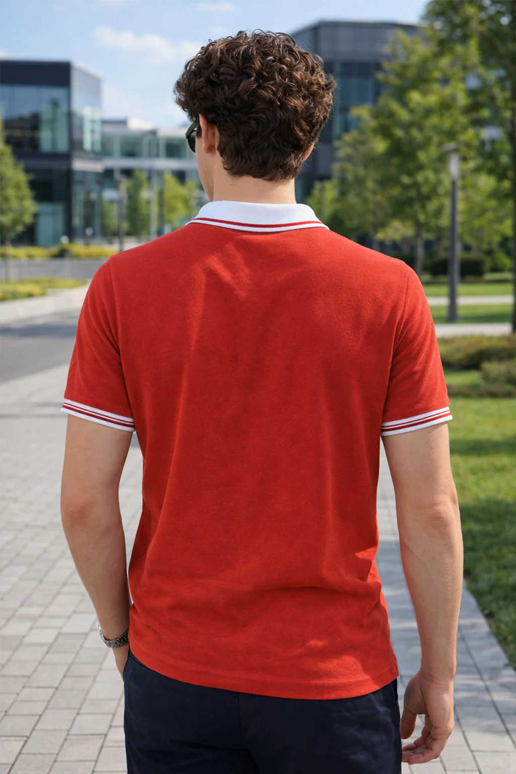 Red Pique Stripe Collar Regular Fit Tipping Polo T-shirt - Image 3