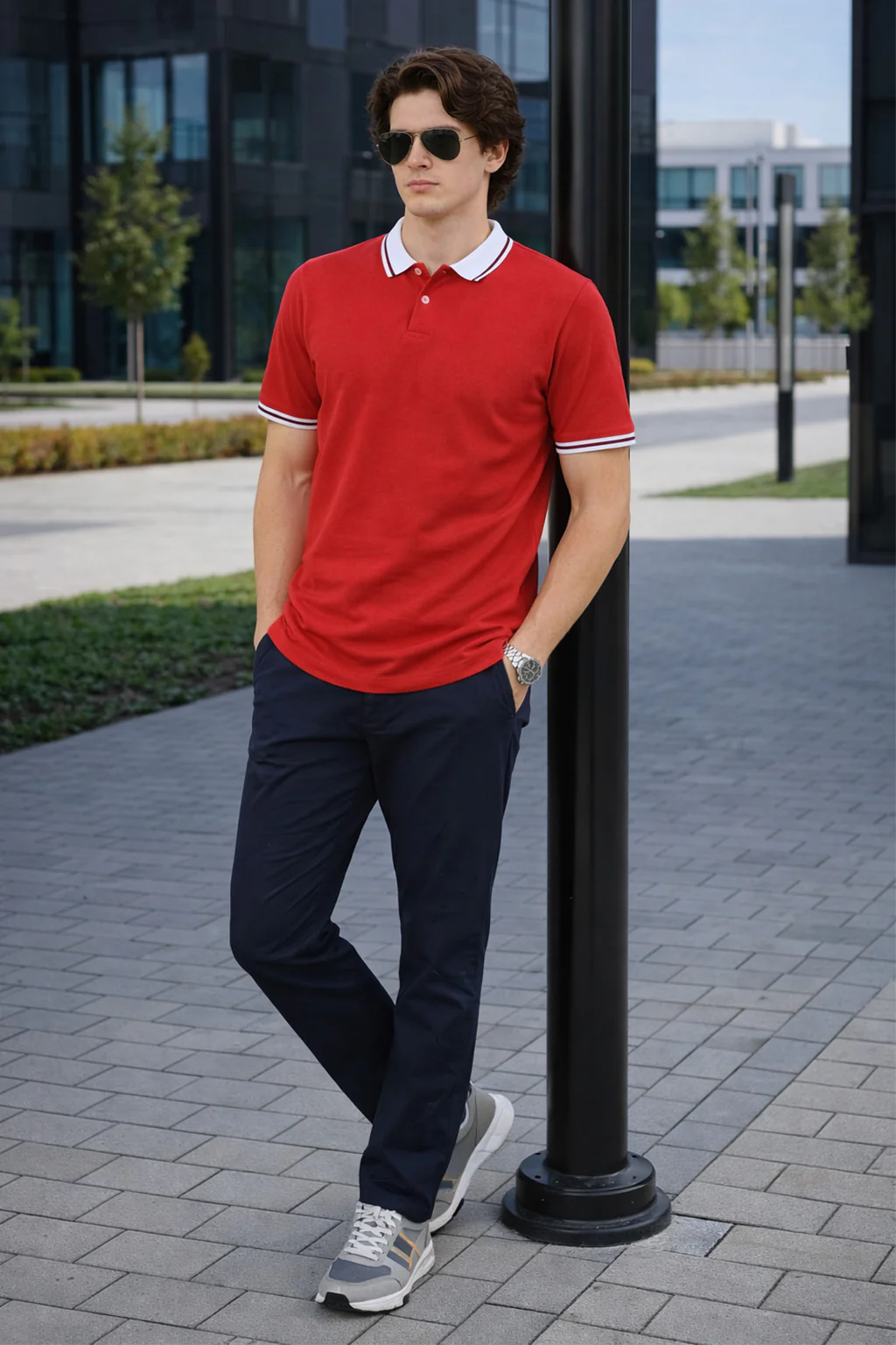 Red Pique Stripe Collar Regular Fit Tipping Polo T-shirt - Image 4